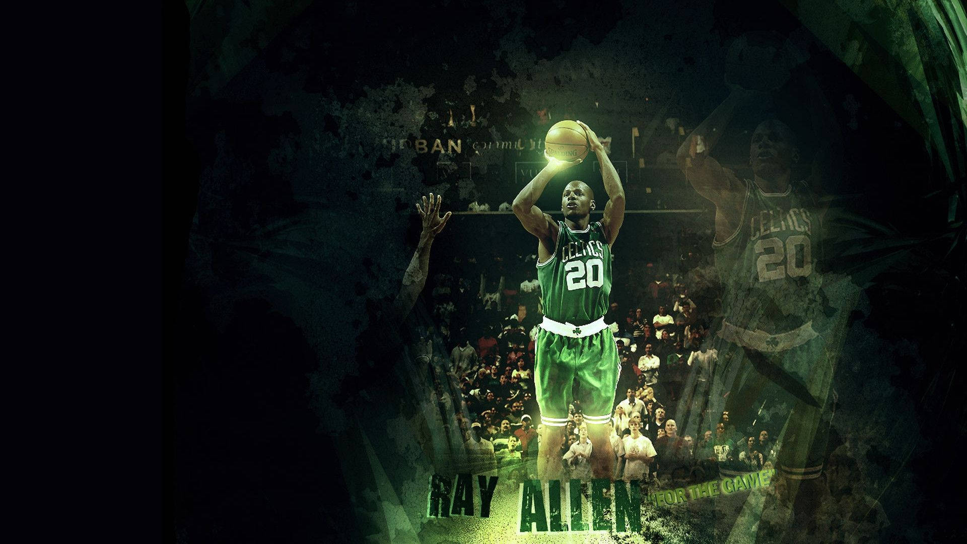 雷·阿倫籃筐前投籃 壁紙 — 身穿綠色塞爾特人球衣的Ray Allen在戲劇性的綠色燈光下，伴隨著人群和幽靈般的疊加效果投籃。