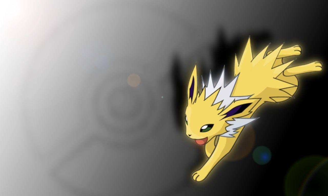 黃色 Jolteon 帶著電光在深色漸變背景上跳躍。
