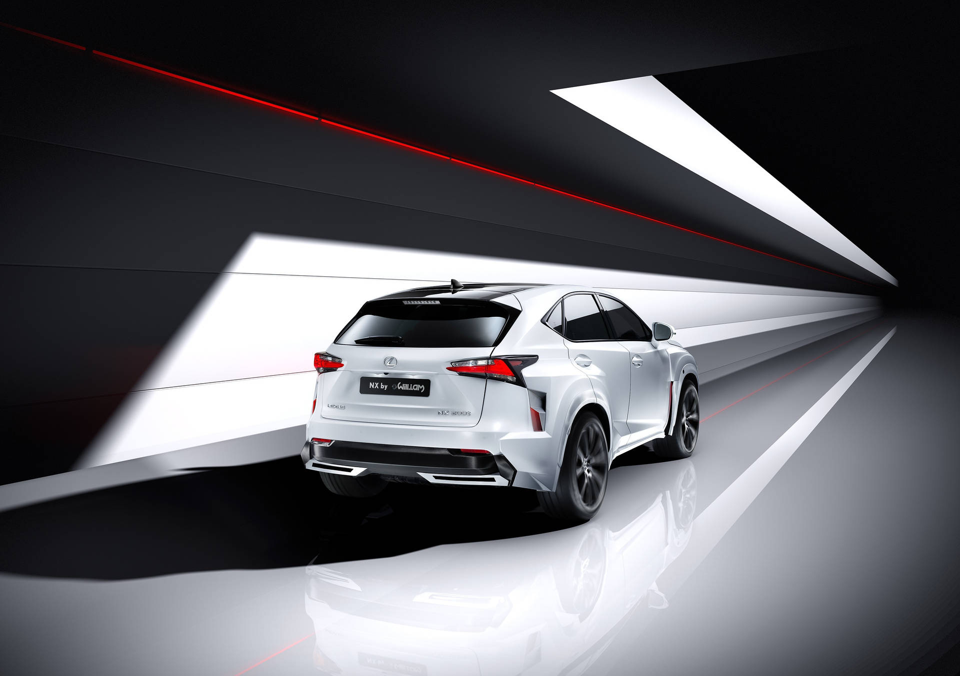 白色Lexus NX SUV在充滿動感燈光的高科技隧道中。