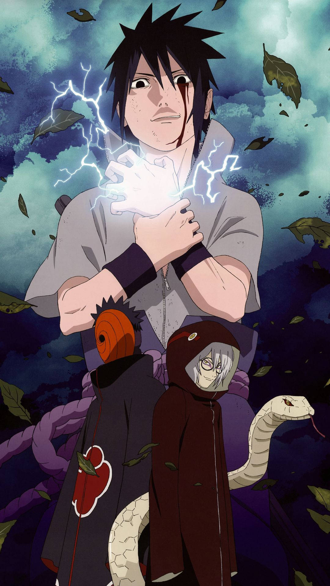雷切·佐助對抗 Kabuto 與 Tobi 壁紙 — 動漫角色擁有刺蝟般的黑髮，在落葉和兩個戴面具的人物之間，雙手之間引導閃電。