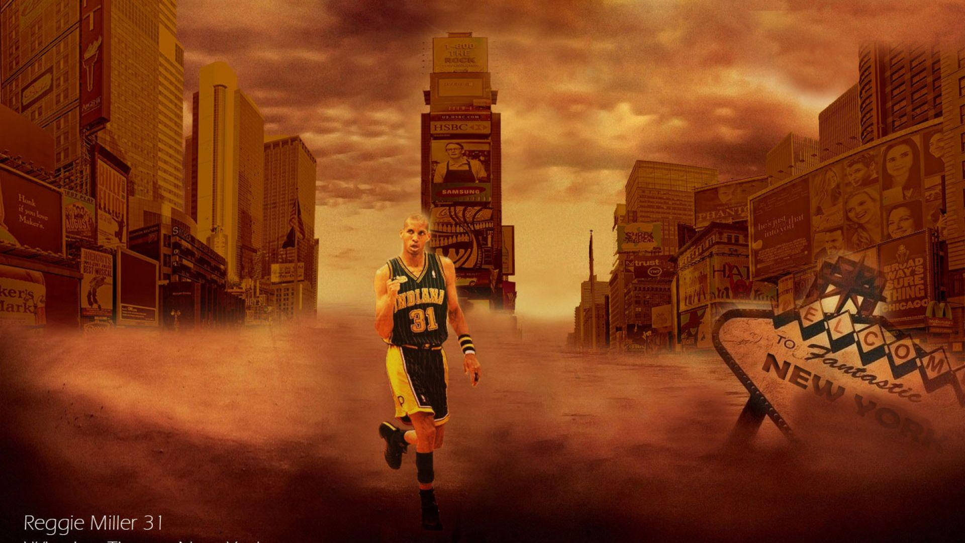 雷吉·米勒紐約孤獨身影 壁紙 — Reggie Miller 身穿印第安納溜馬球衣，在黃昏時分跑過一條超現實的橙黃色紐約市街道。