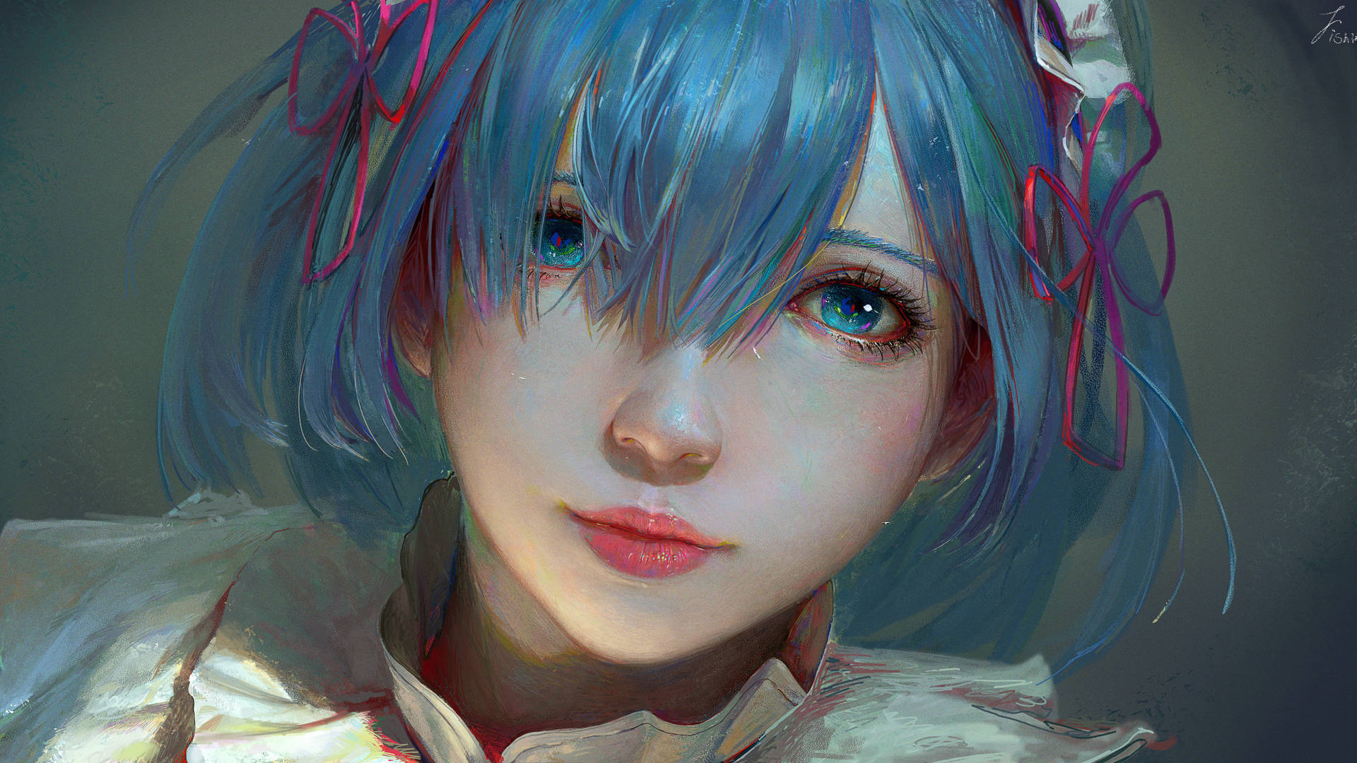 藍色頭髮、繫著粉紅色絲帶的動漫女孩溫柔地看著觀眾。