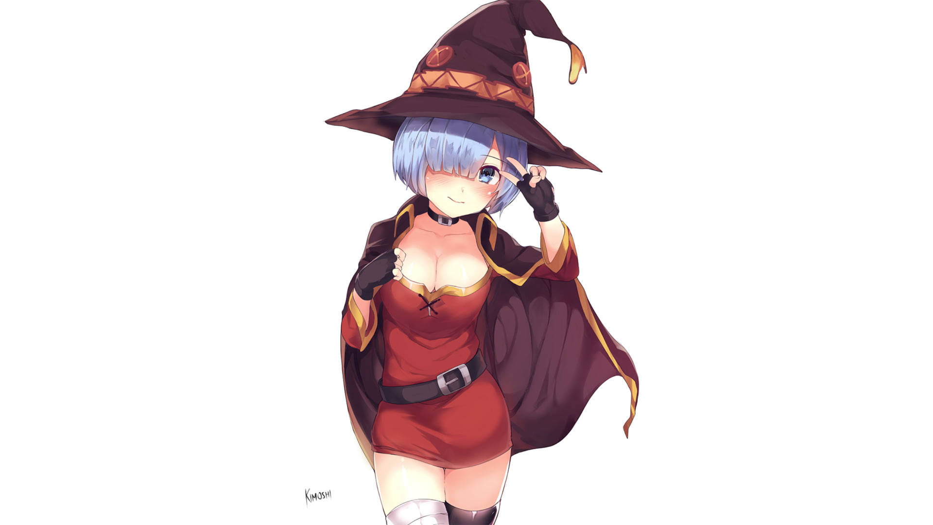 動漫女巫穿著紅色連衣裙和帽子，微笑並傾斜帽子。
