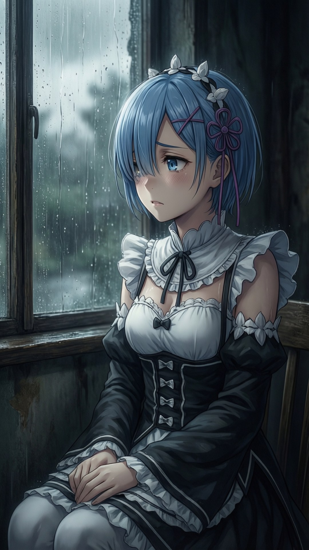 藍髮動漫女僕坐在雨窗前，神情沮喪。