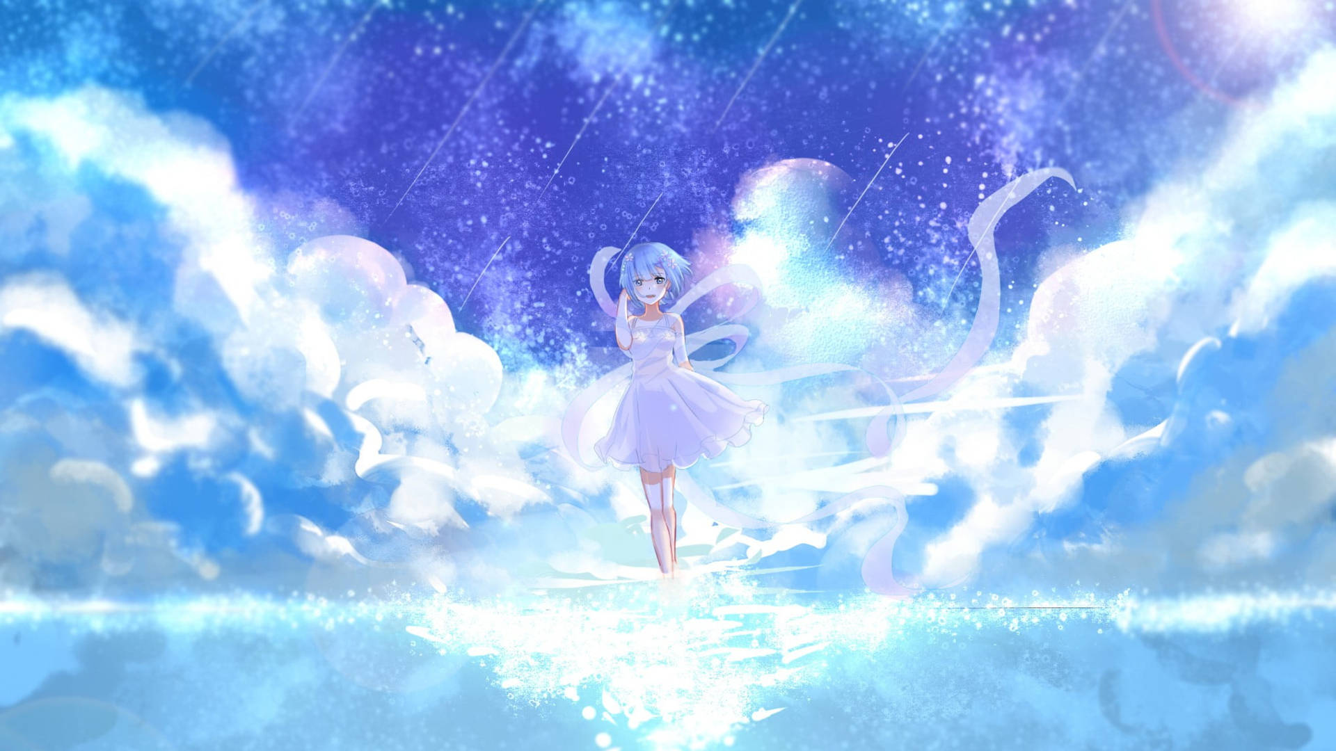 藍髮動漫女孩穿著白色連衣裙，站在發光的雲層中，星空下。