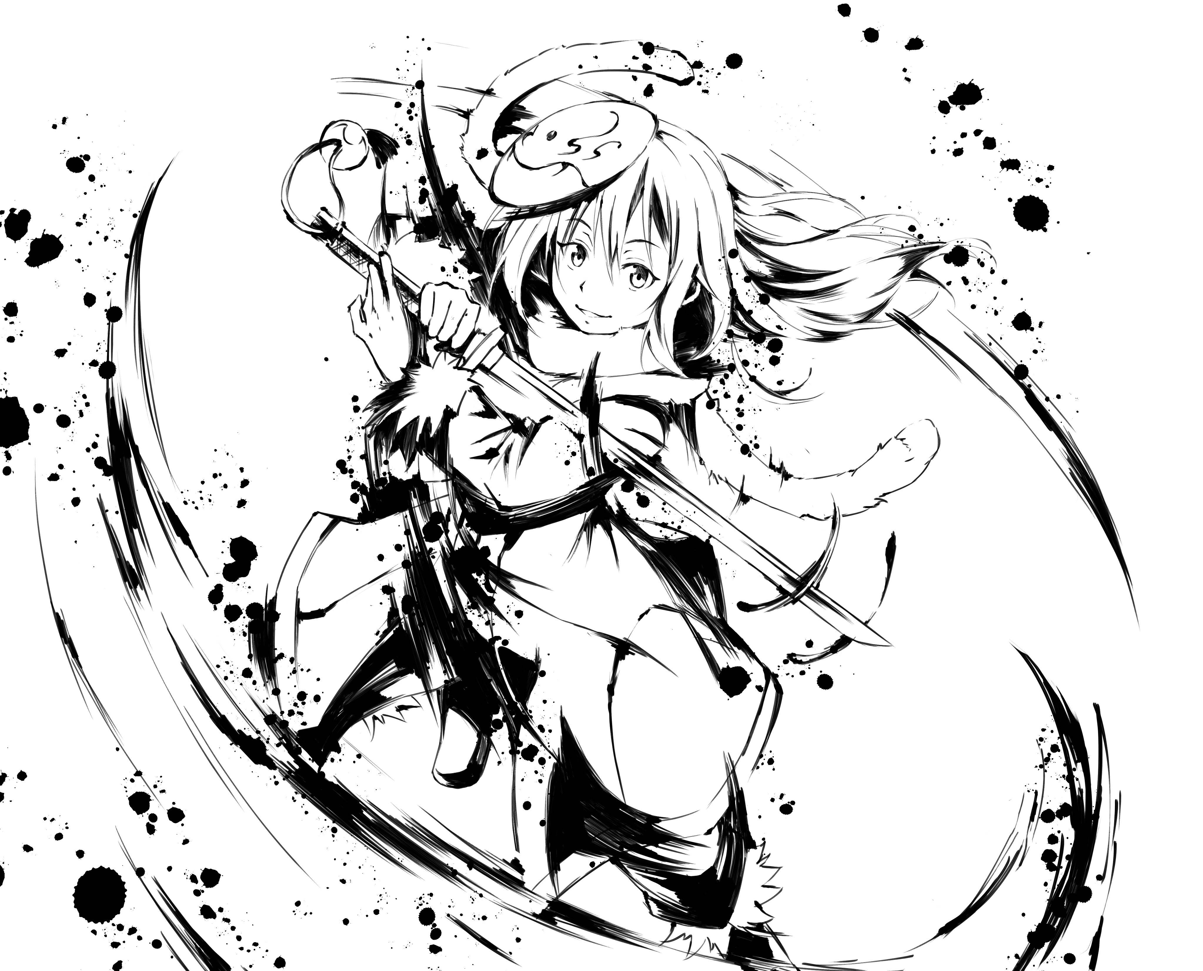 雷姆魯·泰姆斯特素描藝術 壁紙 — 一個帶有光環的動態動漫女孩在墨水飛濺和旋轉運動線中揮舞著劍。