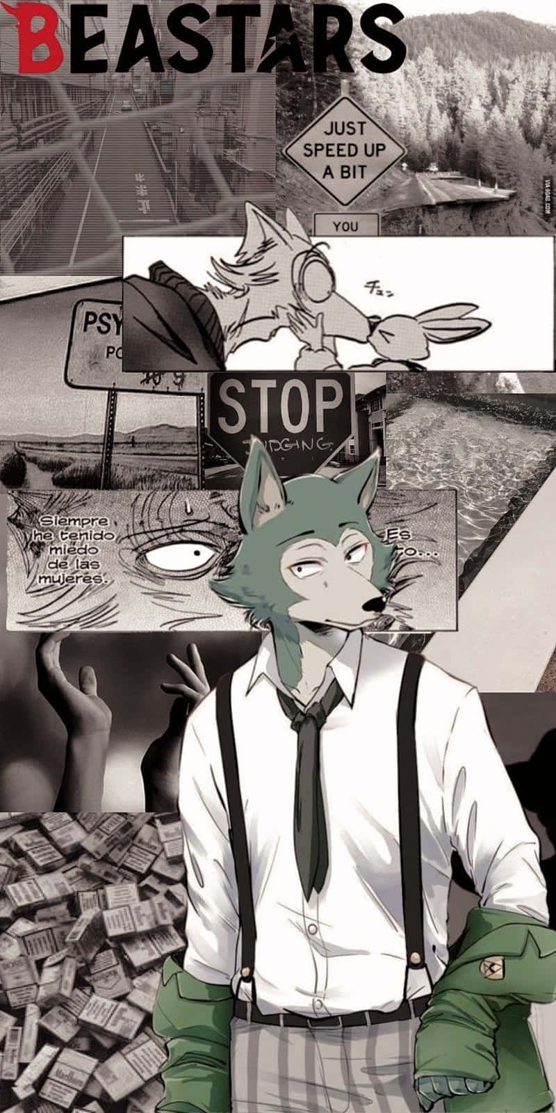 雷戈西在尋找被接納的旅程中挺立不屈 壁紙 — 來自《BEASTARS》的黑白漫畫拼貼， featuring 一隻穿著西裝的狼角色，被漫畫面板和路標包圍。