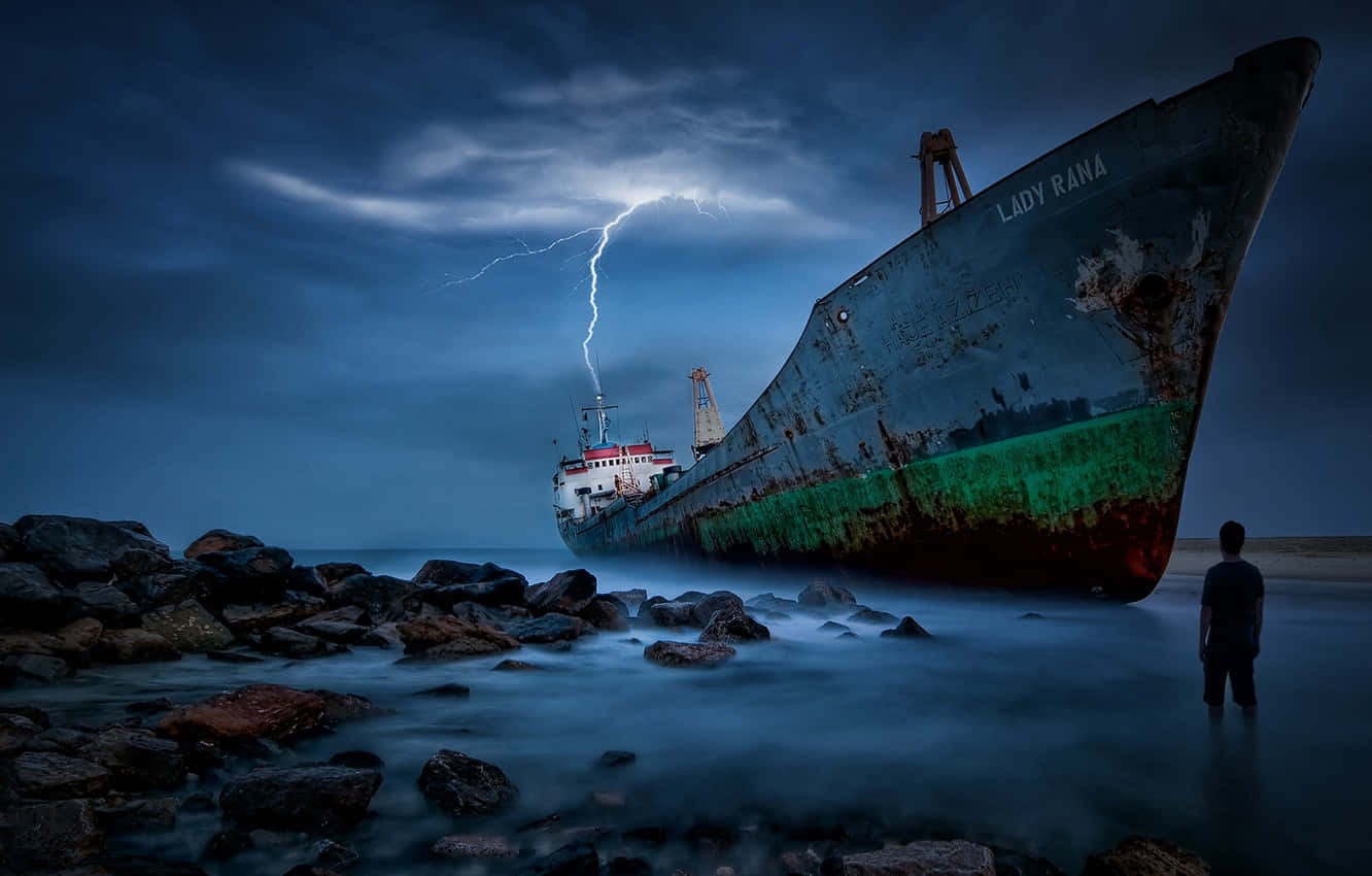 一個人站在水中，面對著暴風雨和閃電下的大型沉船。
