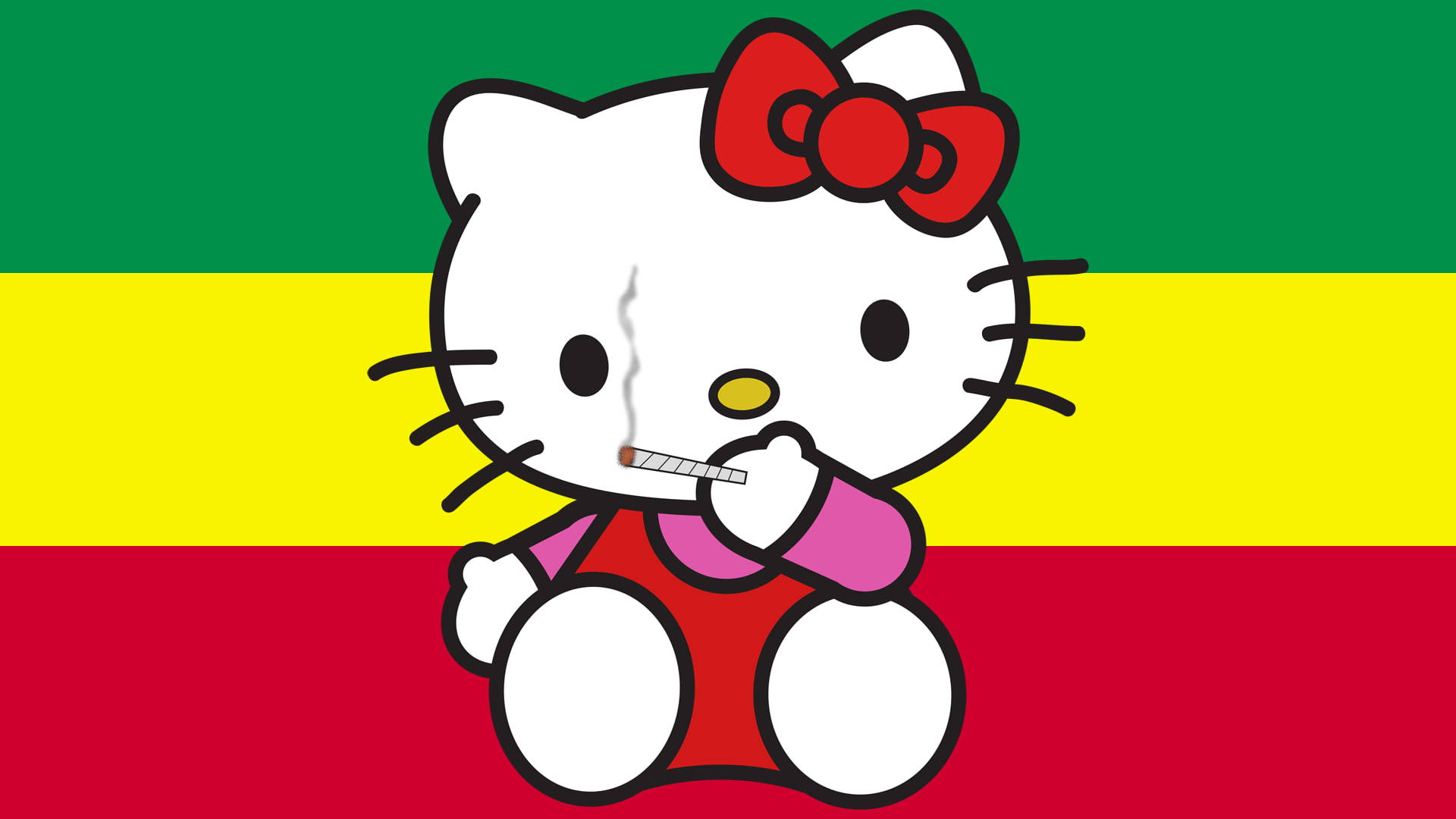 Hello Kitty 卡通角色在紅黃綠條紋背景前吸煙。