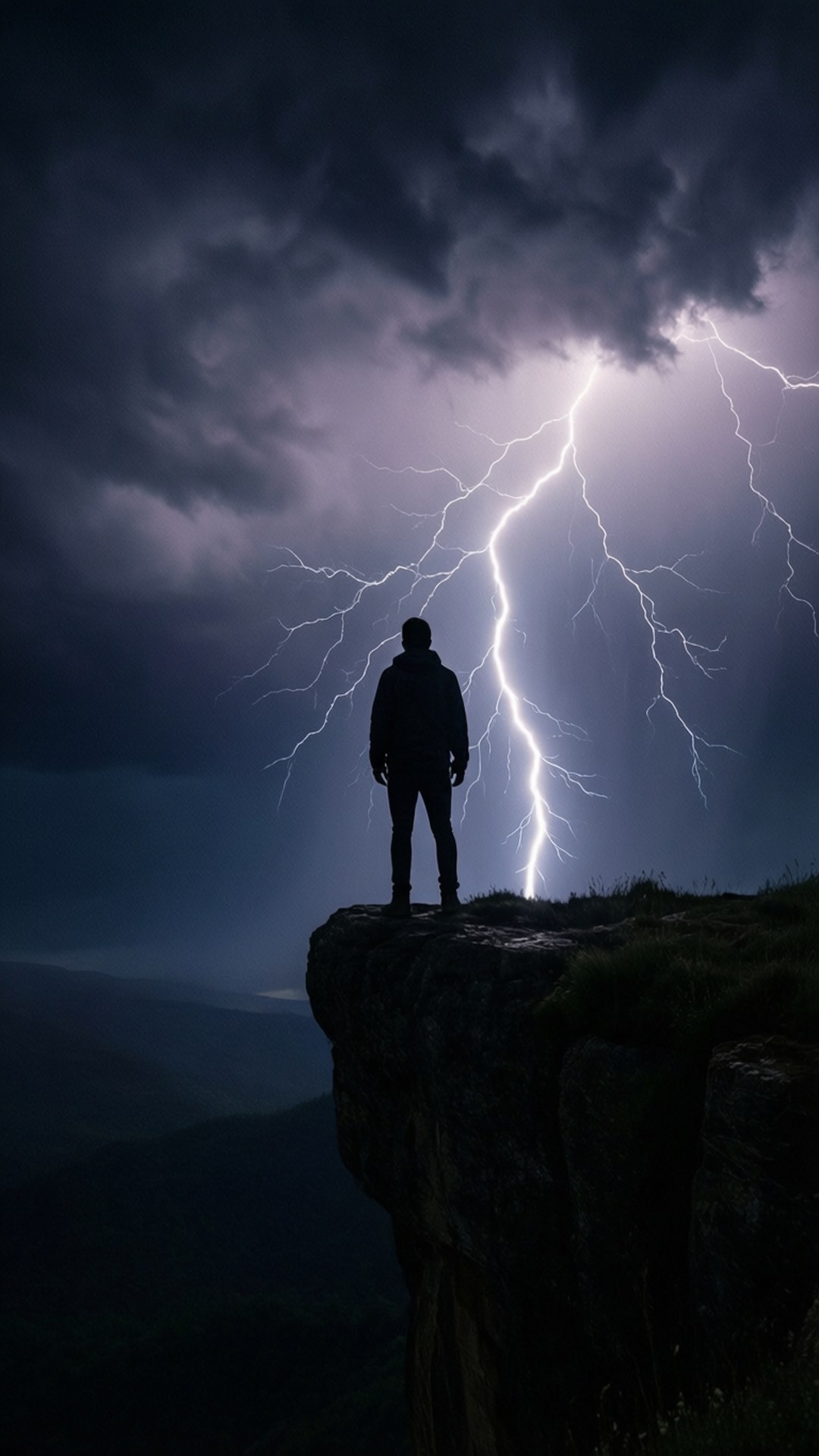 一個人站在懸崖上觀看暴風雨中閃電的剪影。