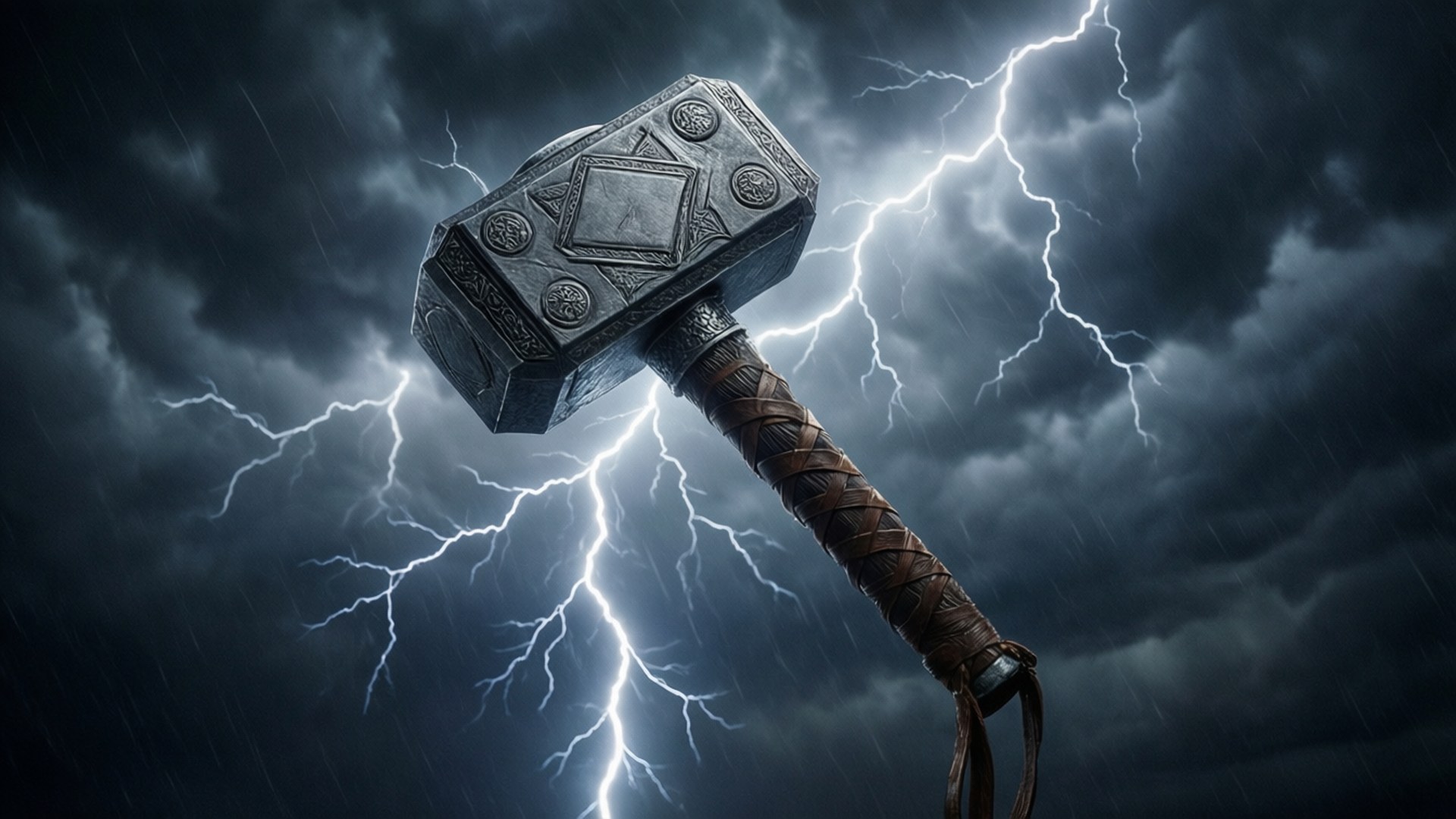 雷暴中的雷神之錘 壁紙 — 雷神之鎚妙爾尼爾在暴風雨的黑暗天空中劈啪作響，閃電和雨水照亮了場景。
