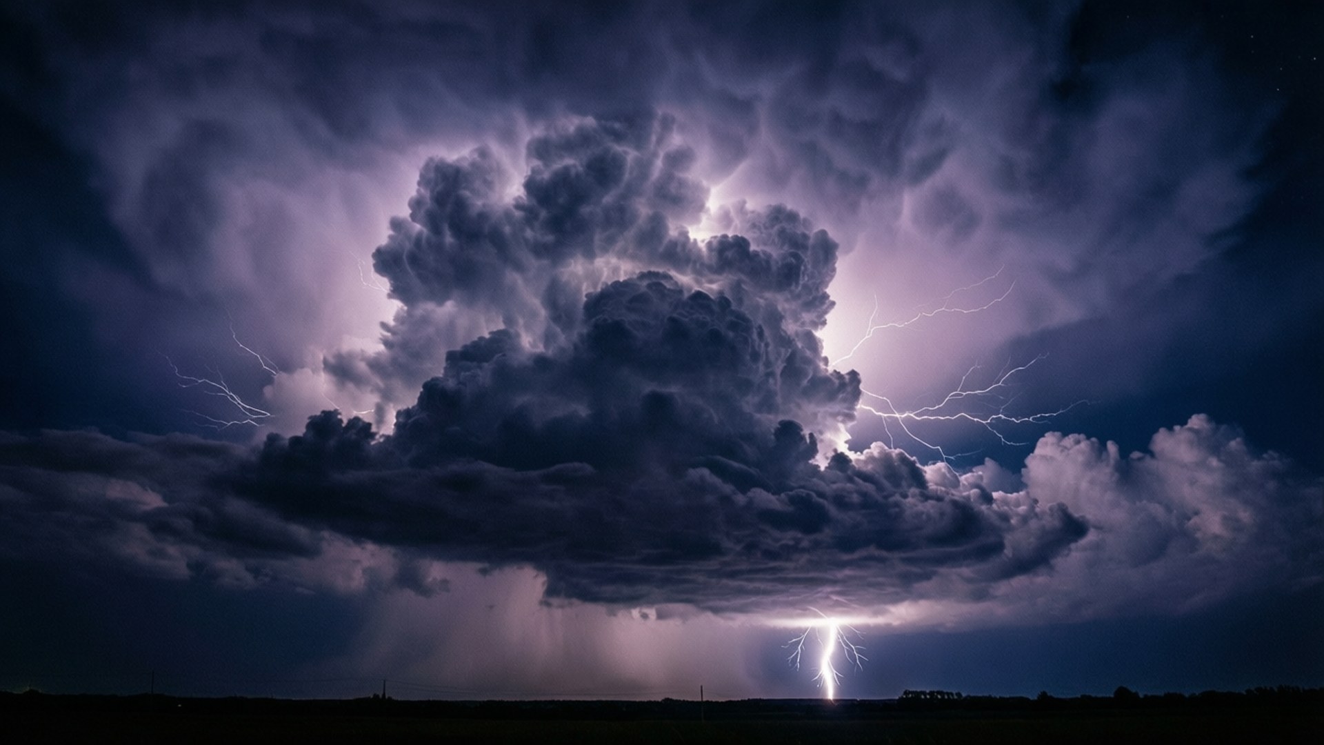 在黑暗景觀上帶有閃電的戲劇性紫色風暴雲。