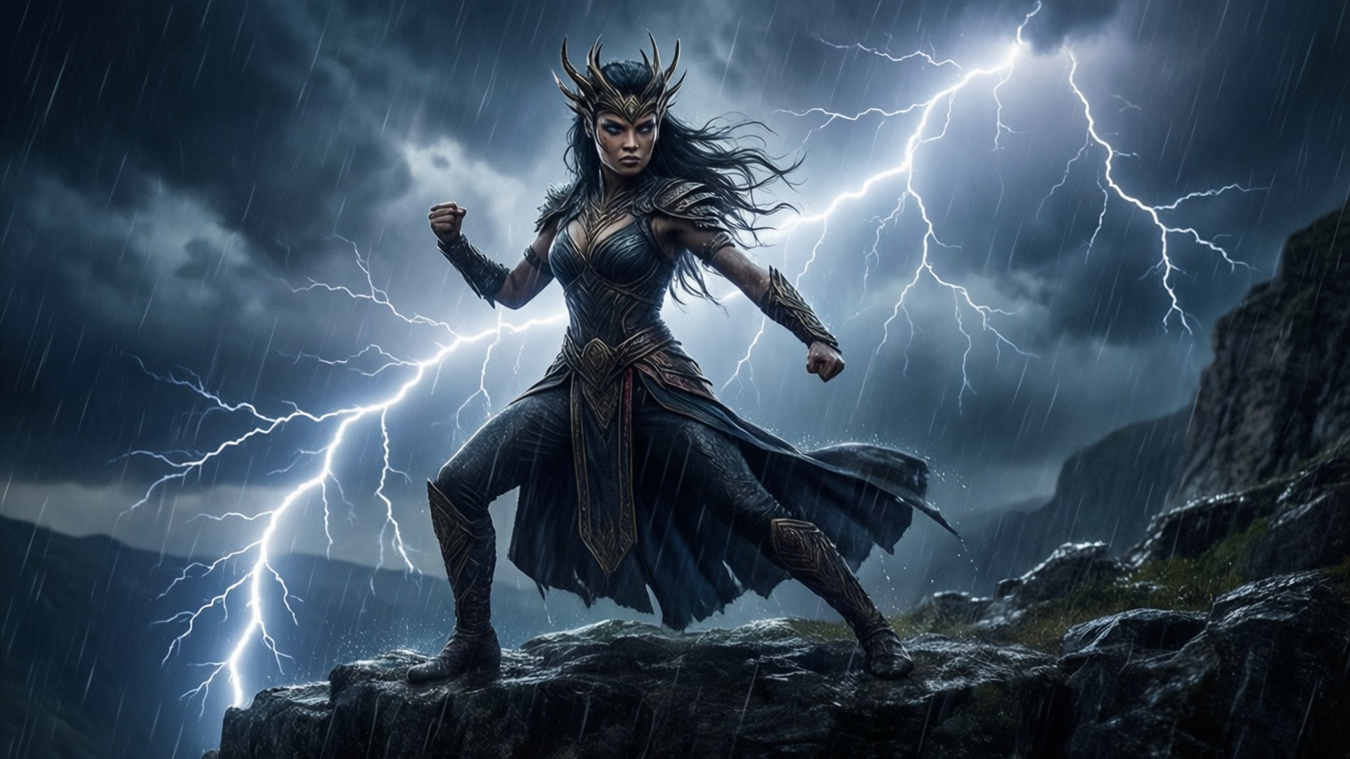 雷暴女王 壁紙 — 一位戴著角盔的凶猛戰士女王站在暴風雨的懸崖上，閃電在黑暗的暴雨中圍繞她劈下。