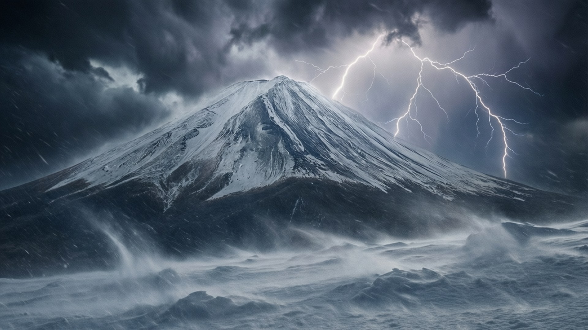 雷暴山巔 壁紙 — 白雪覆蓋的山峰在暴風雨的天空下，閃電在旋轉的雪地上方的烏雲中分叉。