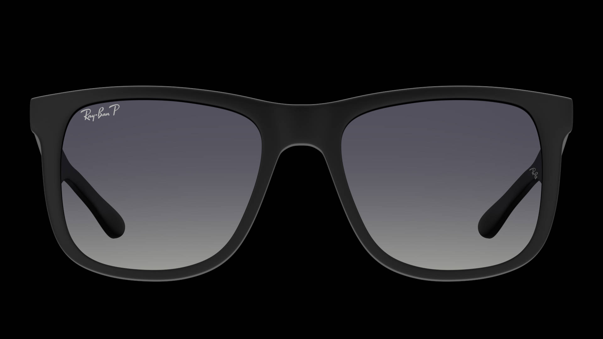 磨砂黑色 Ray-Ban 太陽眼鏡，帶有漸變鏡片，置於黑色背景上。