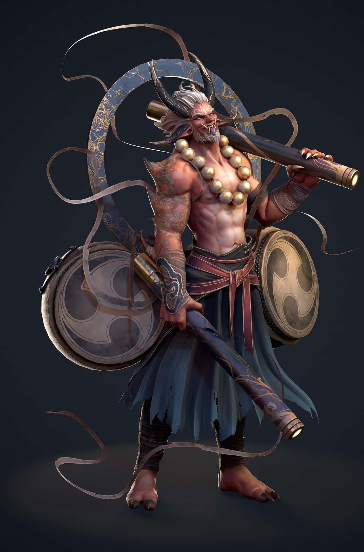 雷神 Raijin 神祇藝術圖 壁紙 — 一個肌肉發達、有角、白髮和紋身的戰士，在黑暗背景下揮舞著法杖和盾牌。