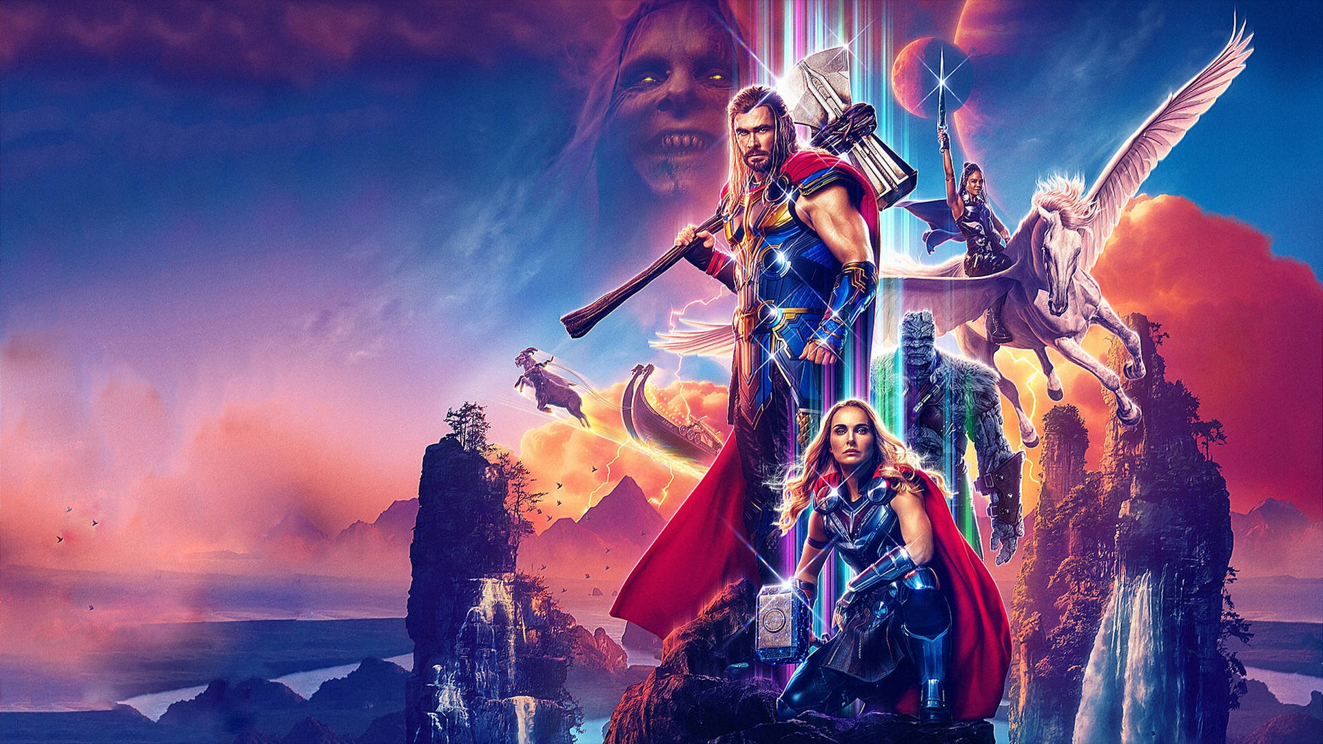 Thor 和女 Thor 站在懸崖上，有翼馬和巨大面孔在奇幻天空中。