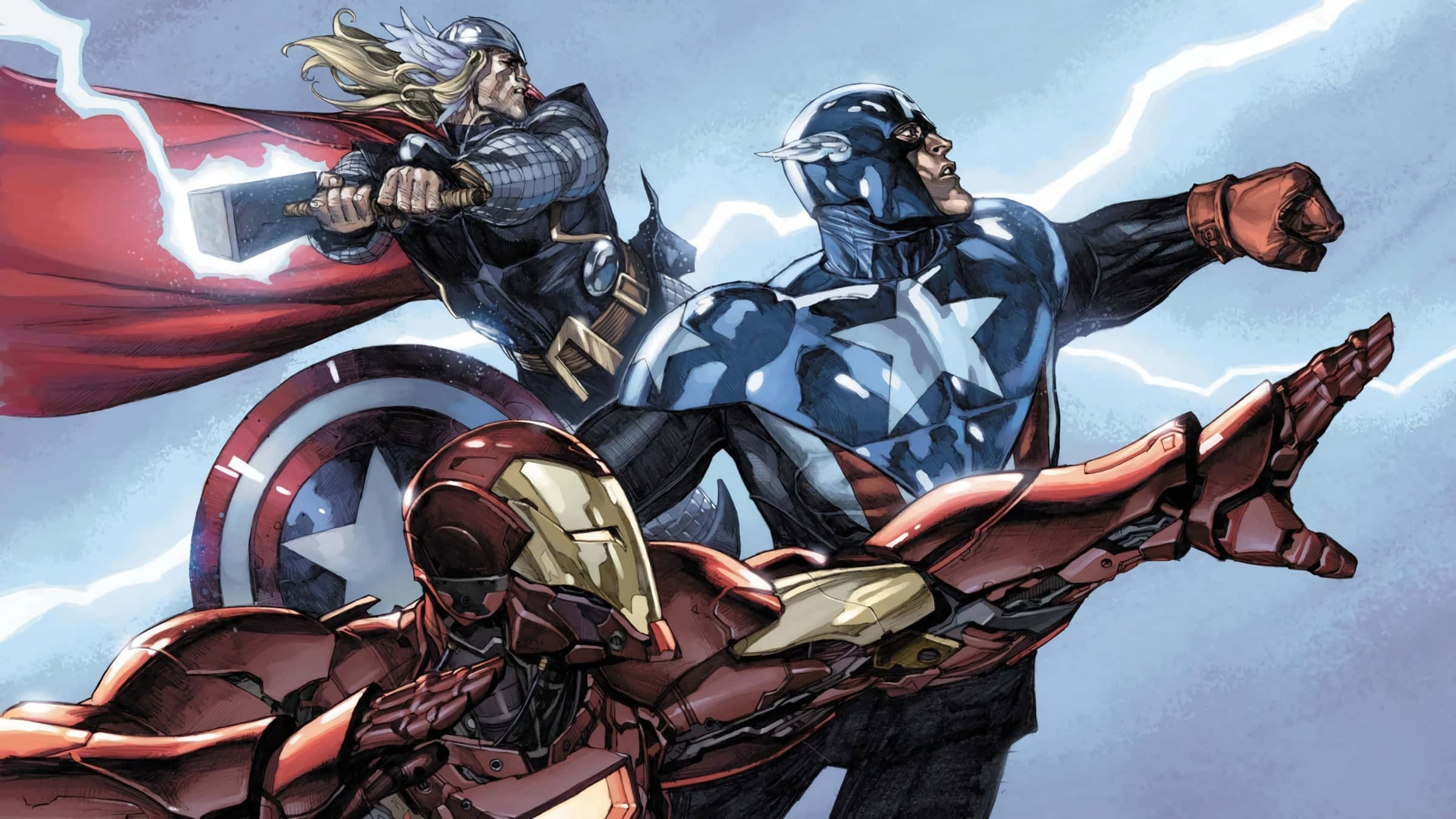 Iron Man Comics 桌布 壁紙 — 雷神、美國隊長和鐵甲奇俠在雷電交加的天空中動感地擺出姿勢，並有美國隊長的盾牌。