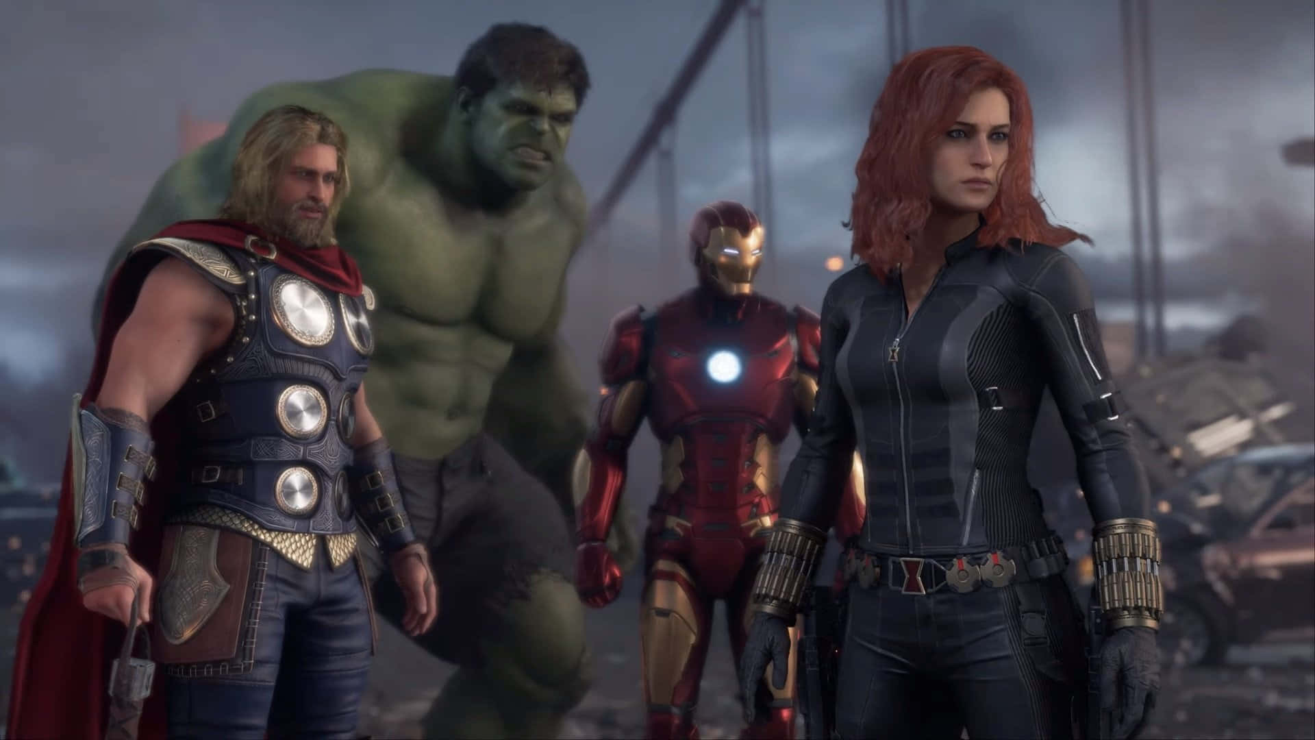 New Avengers 桌布 壁紙 — 雷神、變形俠醫、鐵甲奇俠和黑寡婦在風暴天空下一起站在廢墟般的城市戰場上。