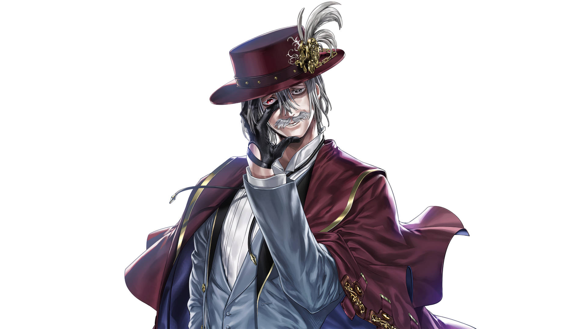 動漫男子身穿栗色大衣和高帽，戴手套的手傾斜，露出得意的笑容。