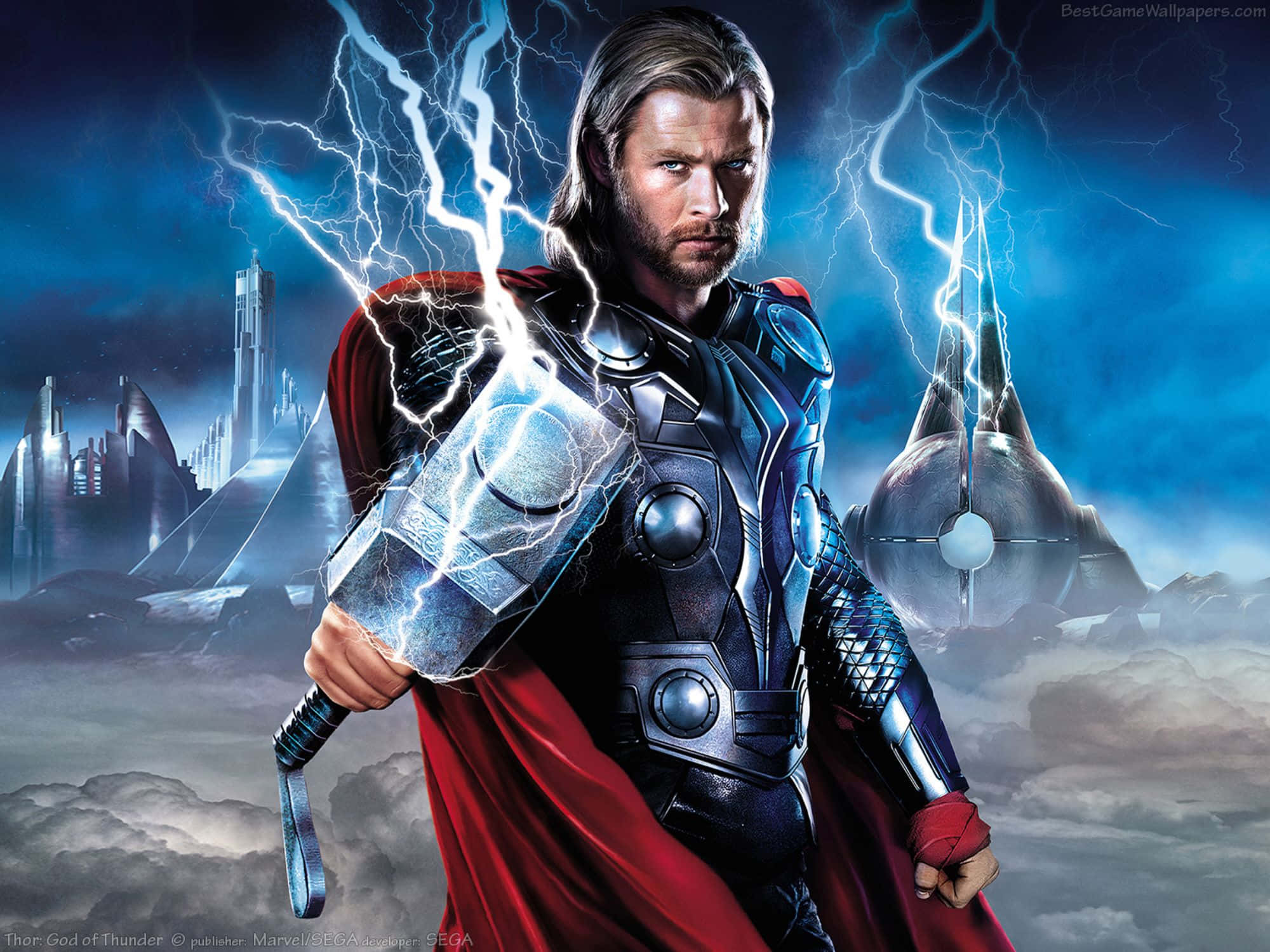 God Of Thunder 桌布 壁紙 — 雷神托爾在風暴天空中強勢站立，手持發光錘子，周圍環繞著閃電和未來派廢墟。