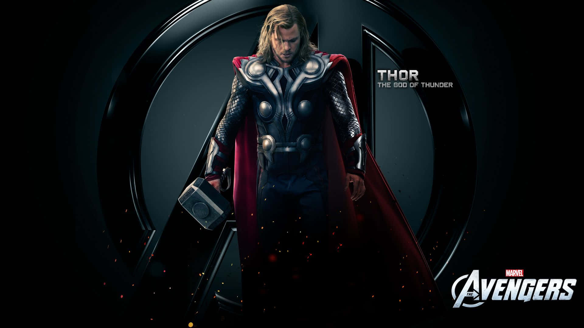 God Of Thunder 桌布 壁紙 — 雷神托爾站在一個黑暗的圓形框架中，手持他的錘子，周圍有火花飛舞。