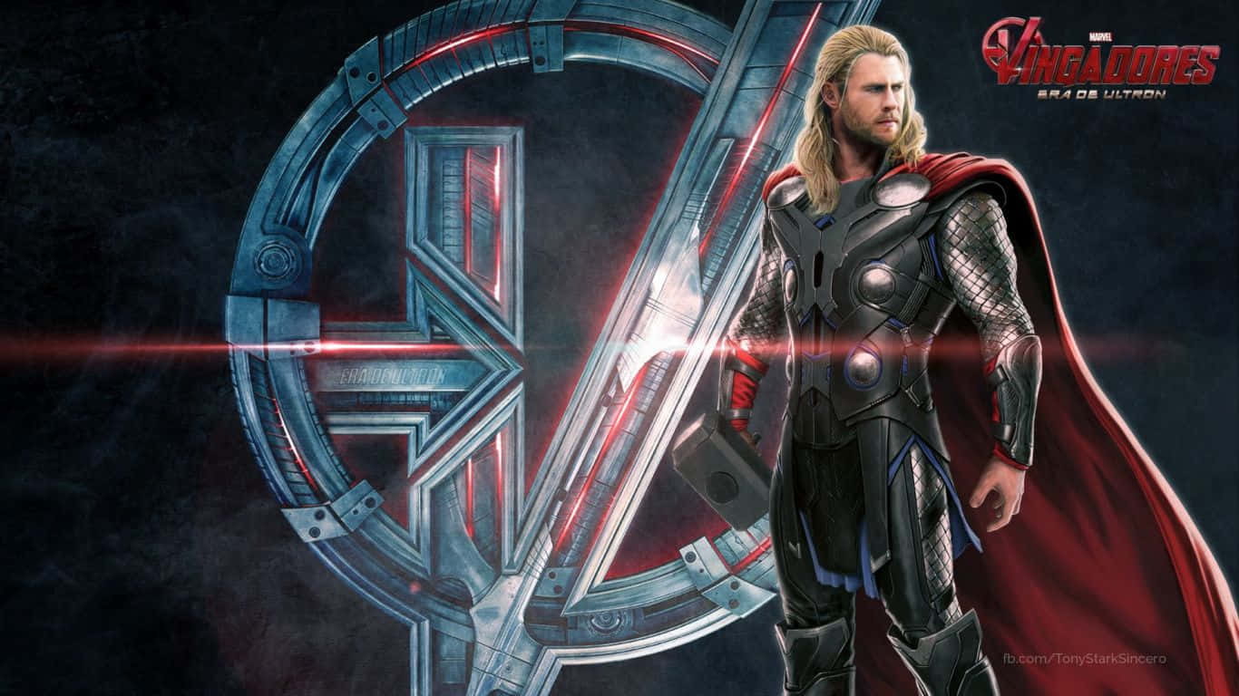 1366x768 Marvel 桌布 壁紙 — 雷神托爾身穿裝甲服，披著紅色斗篷，在黑暗煙霧背景中英勇地站在發光的復仇者聯盟標誌旁邊。