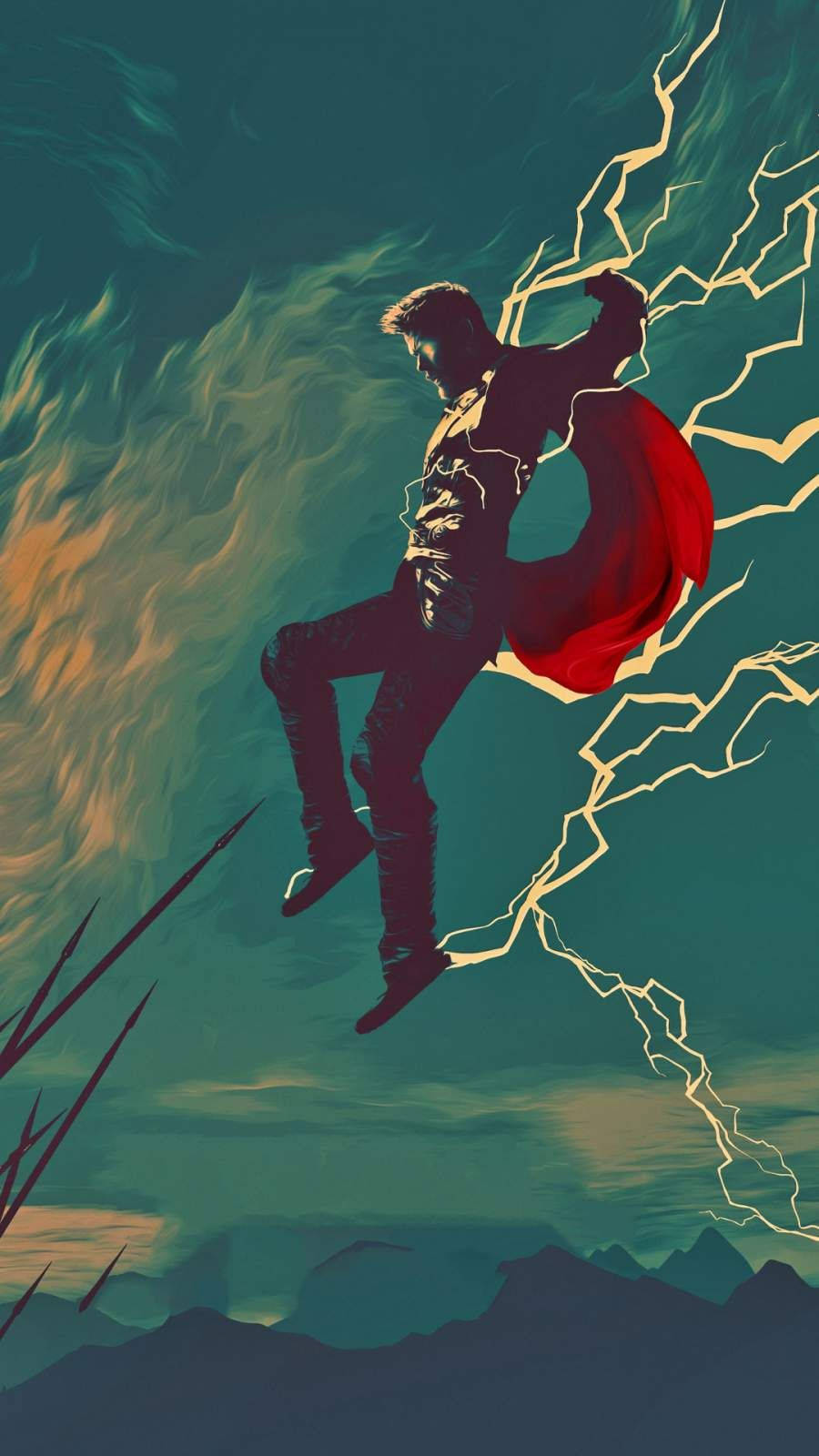 超級英雄在閃電和熾熱風中飛越暴風雨。