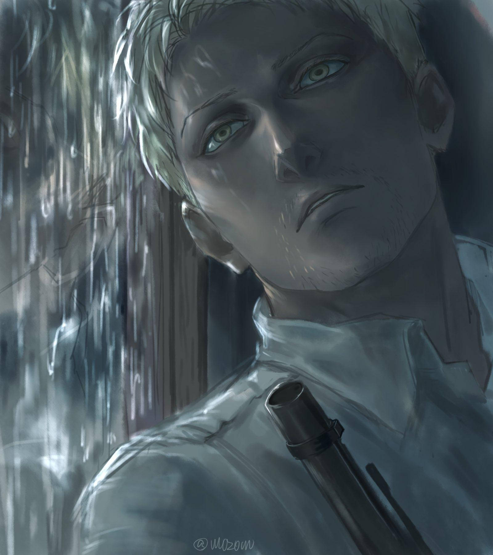 綠眼睛的動漫男子透過雨痕斑斑的窗戶凝視，手持槍支。