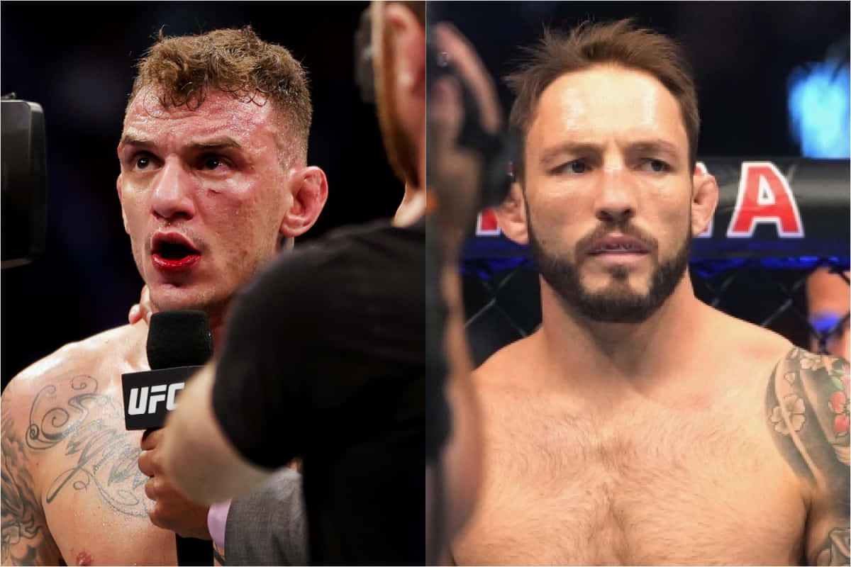 兩名男性MMA拳手在賽後採訪中，一人滿臉是血，另一人有紋身。
