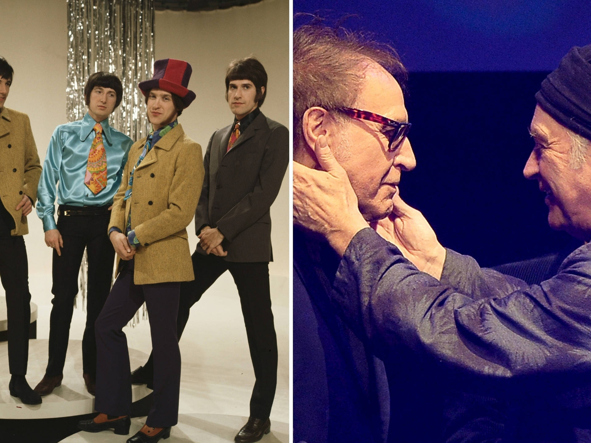 雷與戴夫·戴維斯：The Kinks 的傳奇兄弟對談 壁紙 — 分割圖片：左邊顯示1960年代樂隊穿著色彩繽紛的西裝，背景閃爍；右邊顯示兩名男子在藍光下親密互動。