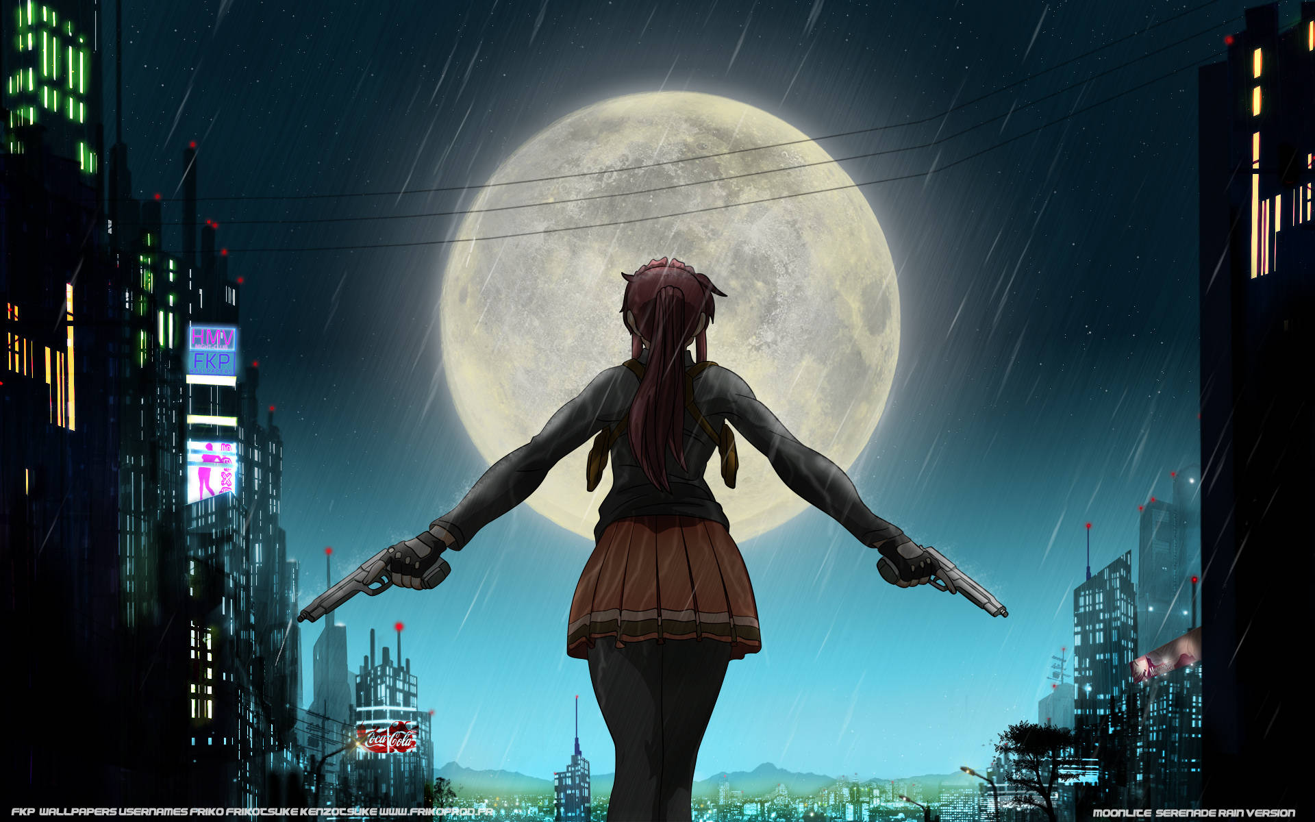 紅髮動漫女孩在雨夜霓虹城市中，滿月下手持兩把手槍。