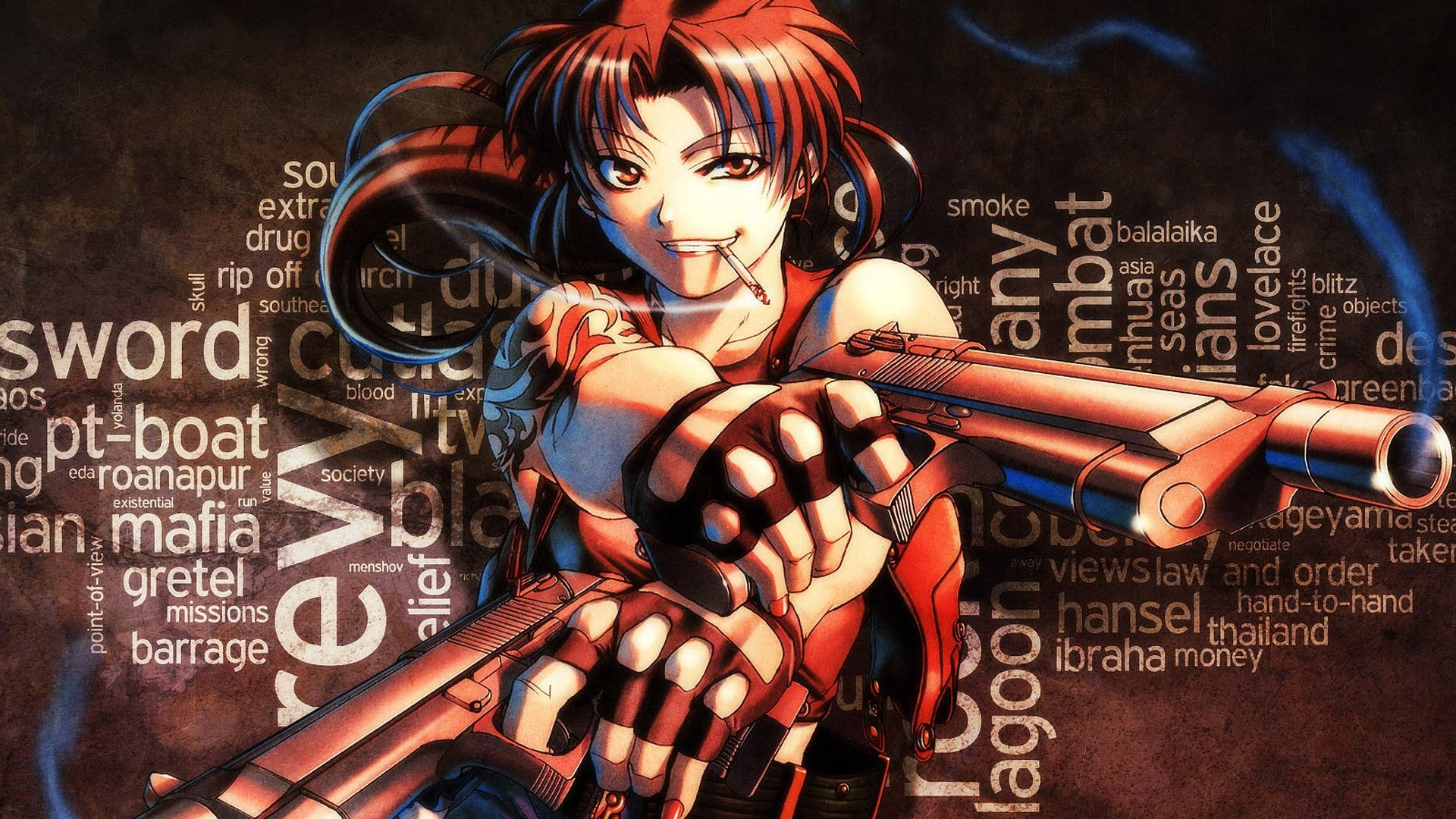 紅髮動漫女孩拿著一把大槍抽煙。