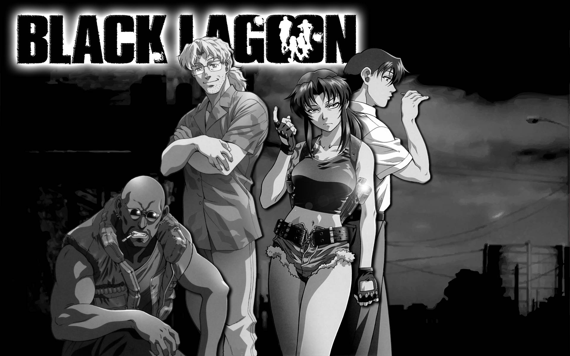 四個動漫角色在黑暗的城市夜景中，帶有 'Black Lagoon' 標題。