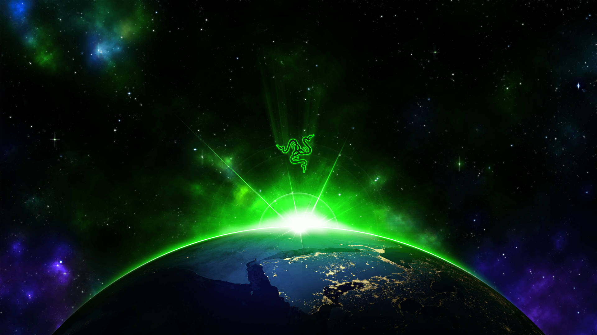 綠色Razer標誌在地球上空升起，背景是繁星點點的太空和色彩繽紛的星雲。