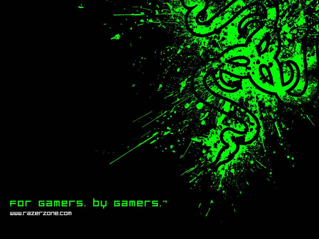 螢光綠色 Razer 標誌，帶有飛濺設計和遊戲口號，背景為黑色。