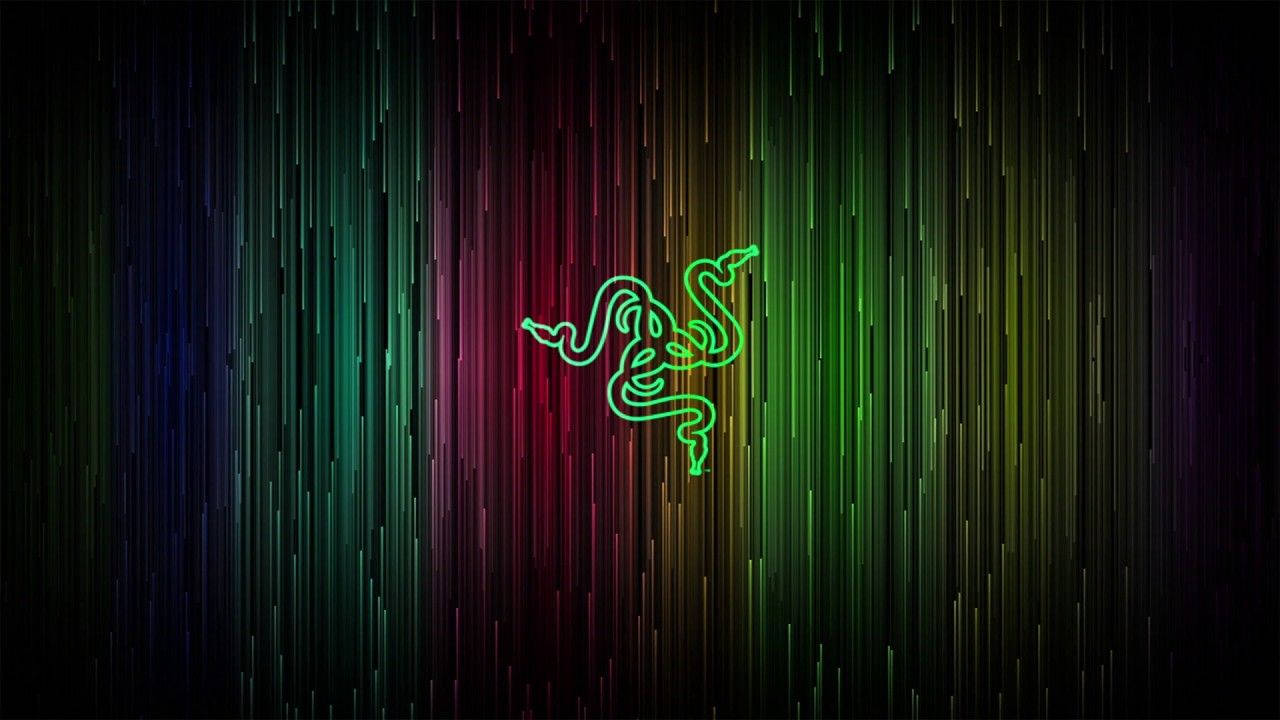 發光綠色Razer標誌在彩色垂直漸變背景上。