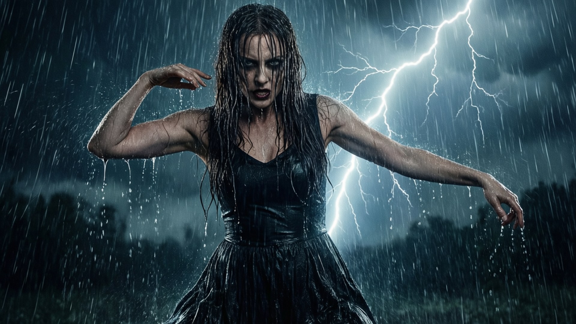 雷雨之舞 壁紙 — 一位頭髮濕透、身穿黑色連衣裙的女性在暴風雨中挑釁地站立，身後閃電劃破天際。