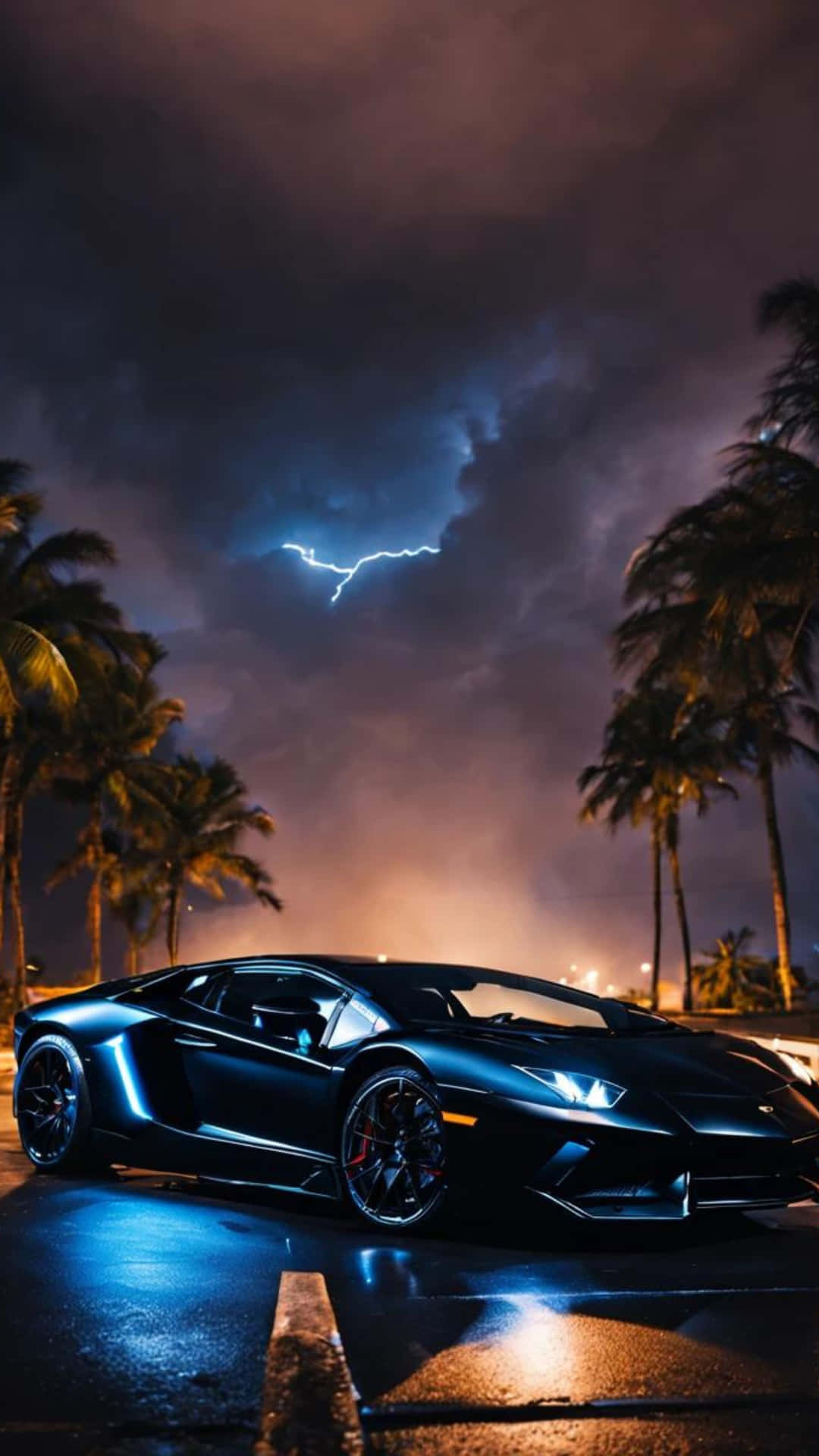 雷雨夜中霓虹燈照亮的蘭博基尼 壁紙 — 一輛時尚的黑色跑車在戲劇性的夜空下閃閃發光，閃電劃過棕櫚樹上方。