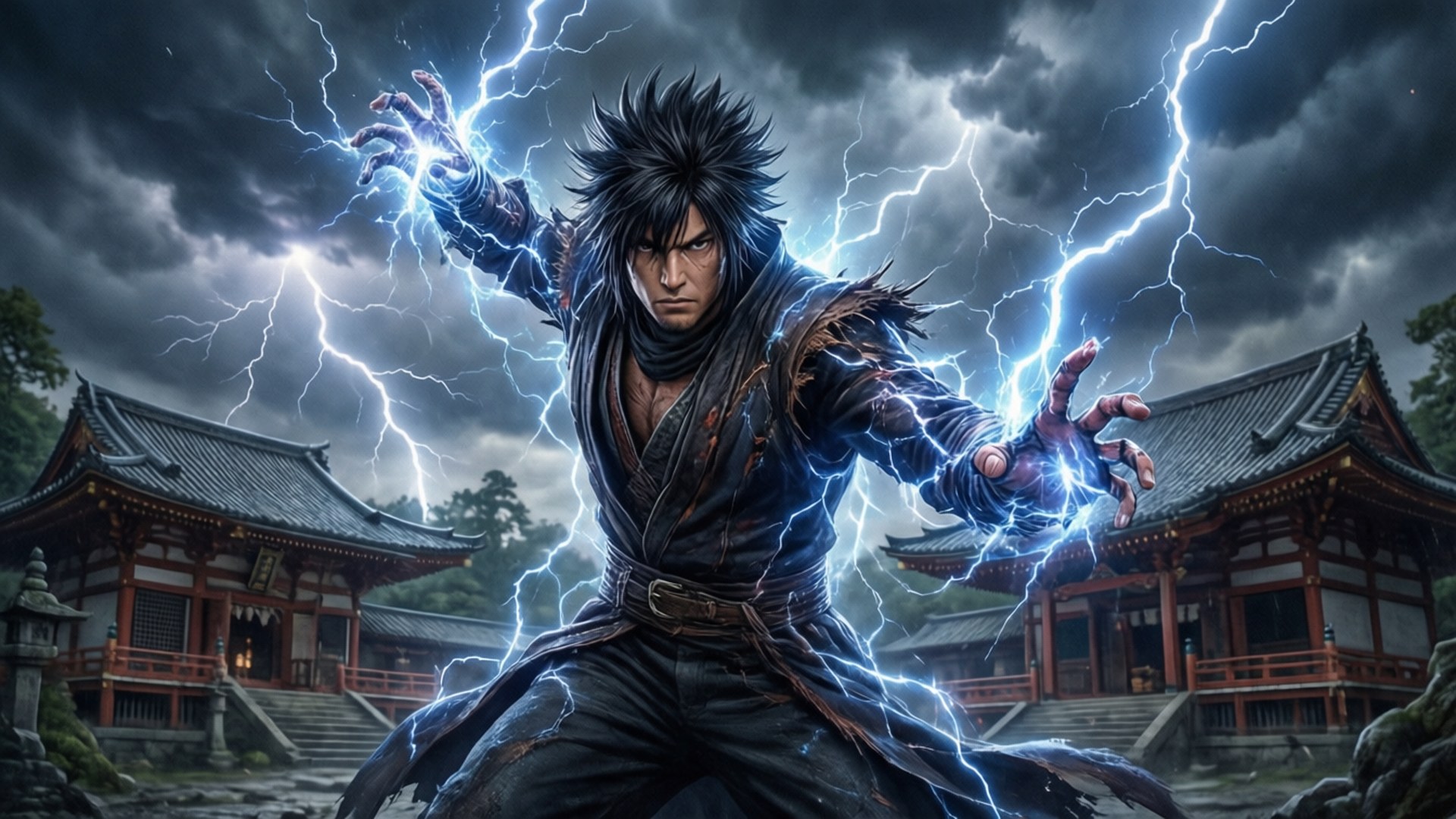 動漫戰士在暴風雨中於日本寺廟前召喚閃電。