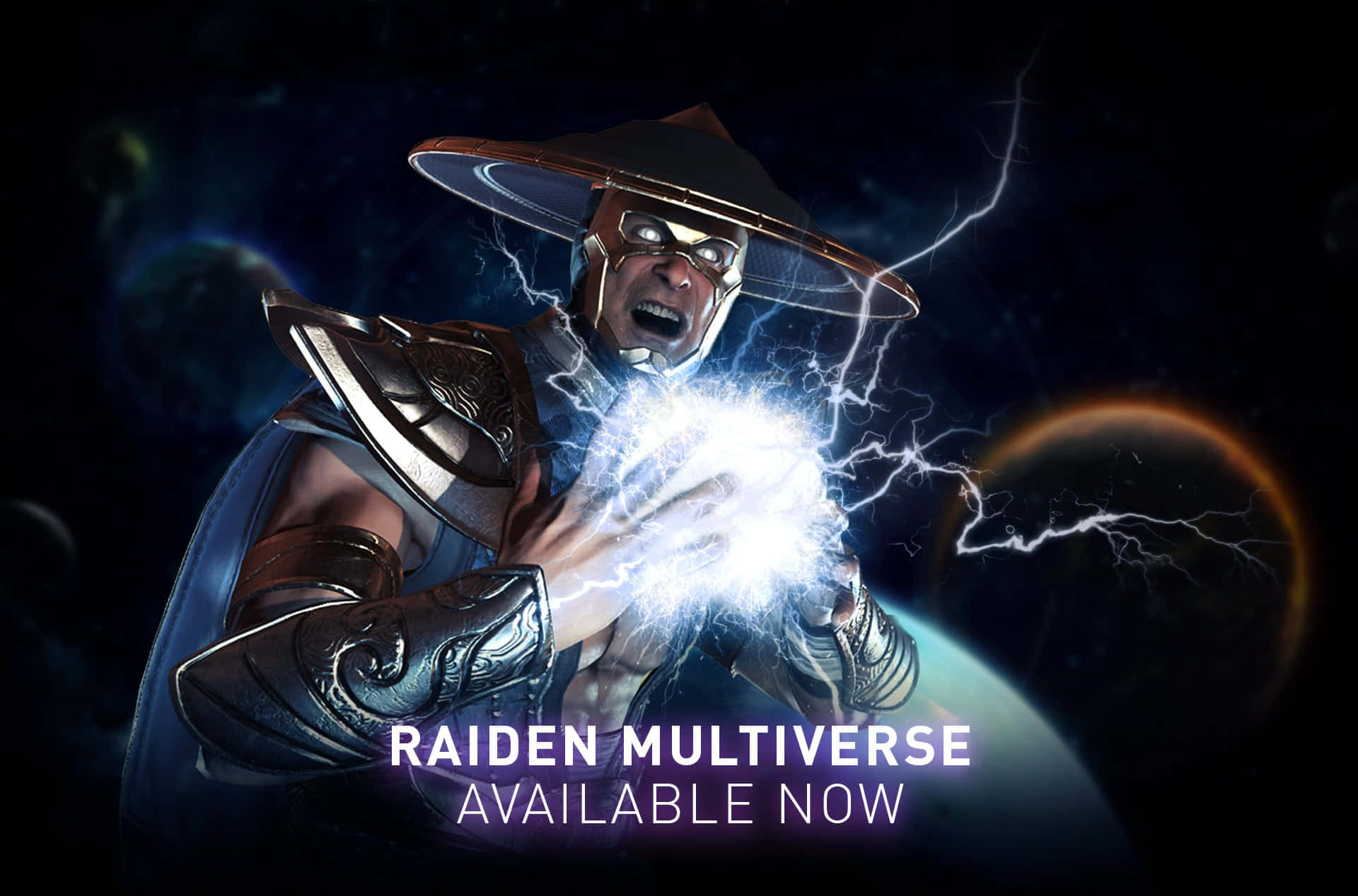 Mortal Kombat Raiden 桌布 壁紙 — 雷電在一個宇宙環境中引導噼啪作響的閃電能量，身後有行星和恆星。