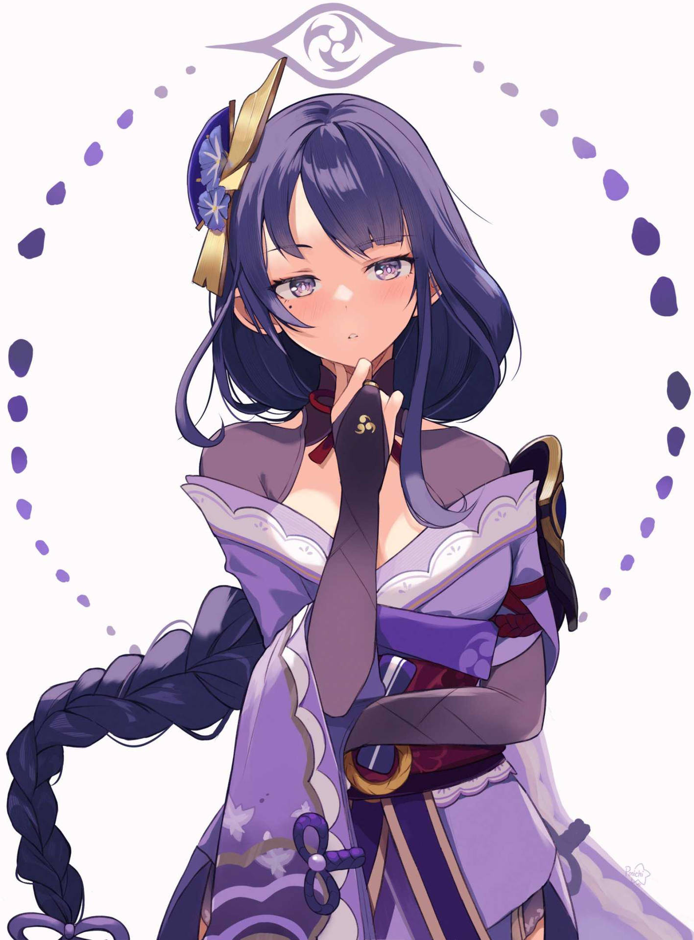 紫髮傳統服裝的動漫女孩沉思地擺姿勢。