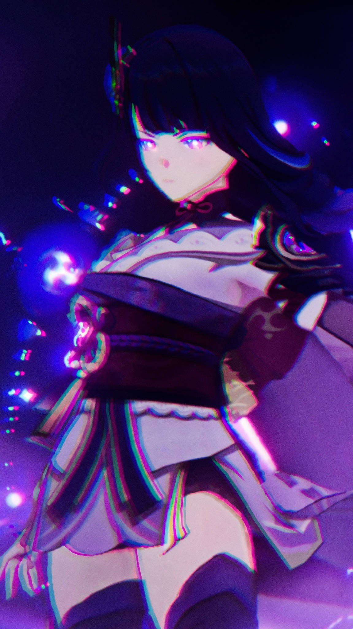 雷電將軍威嚴姿態 - 原神同人藝術 壁紙 — 一個發光的動漫女孩，深色頭髮和紫色眼睛，站在一個帶有浮動粒子和故障效果的霓虹燈場景中。