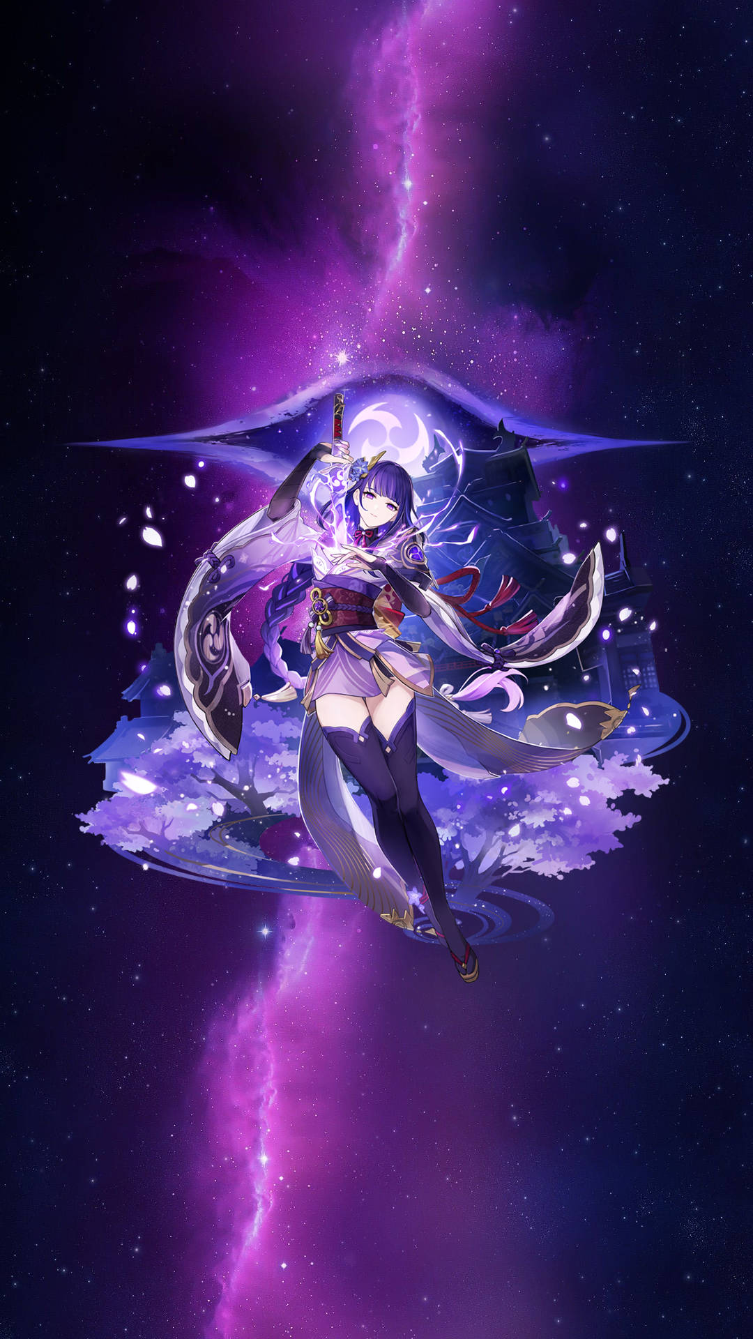雷電將軍置身星系 壁紙 — 一個紫髮動漫女孩拿著劍漂浮在櫻花之上，背景是宇宙紫色閃電風暴。