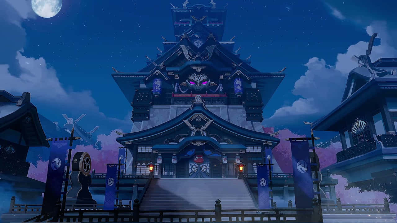 傳統日本神社在滿月和星空下夜間亮燈。