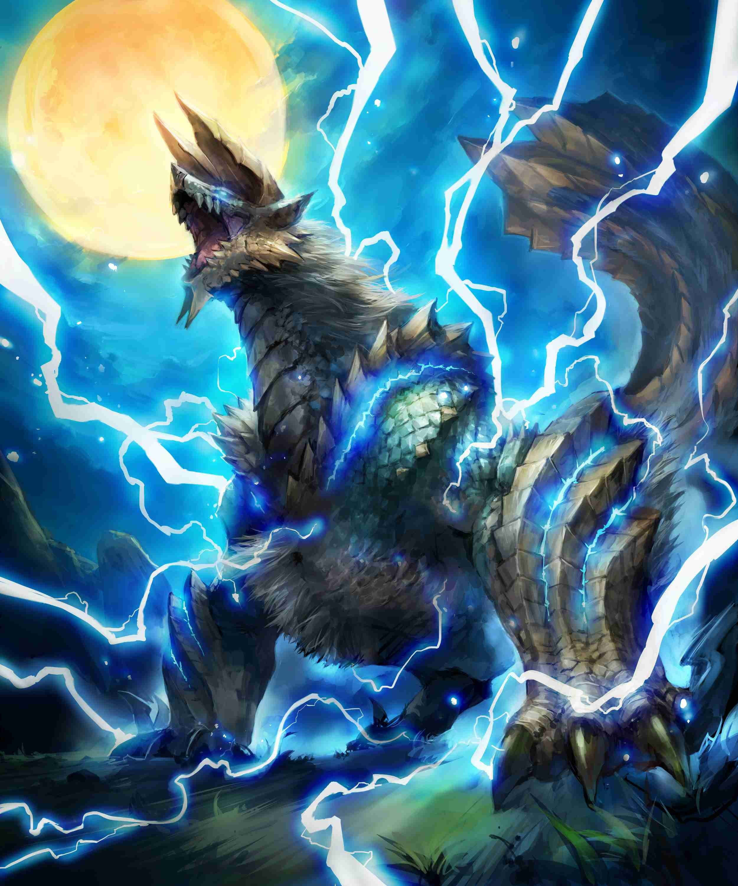 雷電巨龍插畫 壁紙 — 一隻長有尖刺鱗片的怪獸，在發光的橙色月亮下，於噼啪作響的藍色閃電中咆哮。