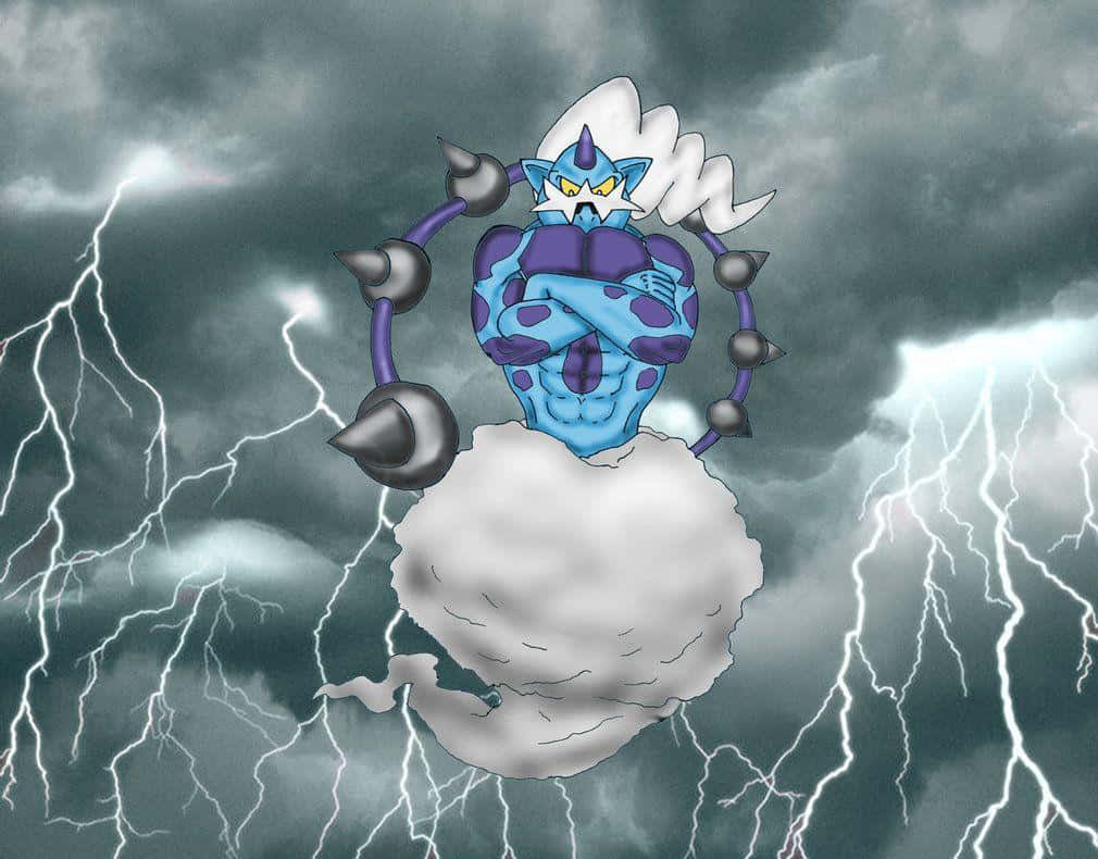 動漫雷神，手臂帶刺，在雷暴中棲息於雲端。