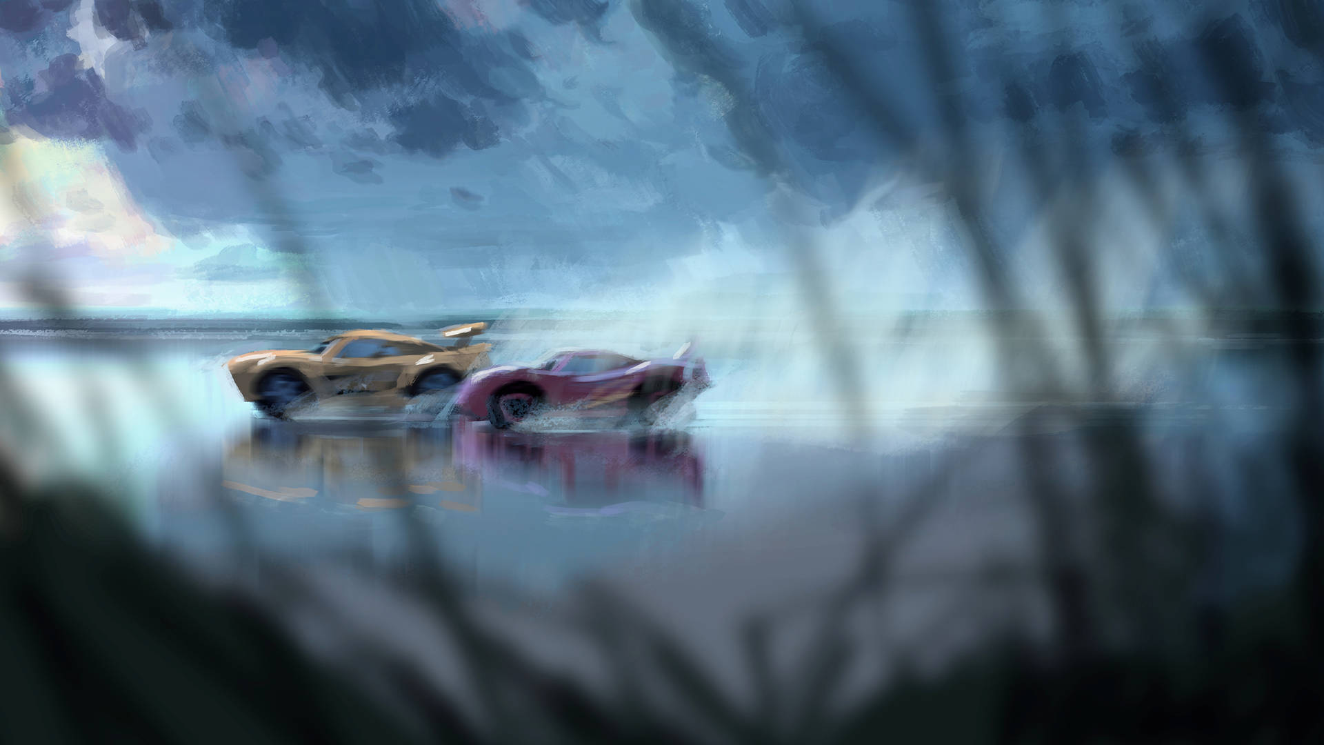 兩輛賽車在暴風雨的天空下，於黃昏時分駛過湖泊。