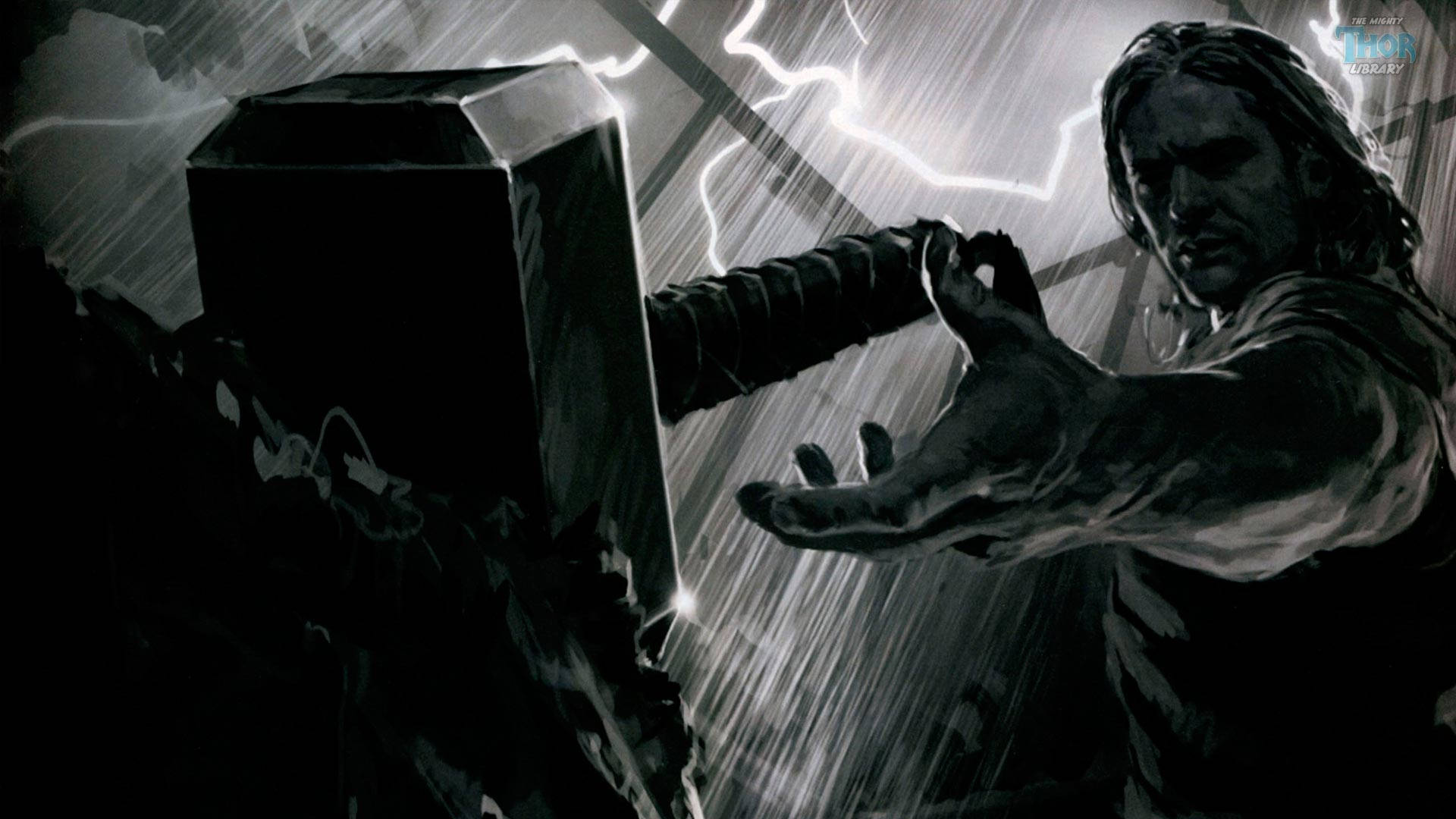 托爾在閃電和雨中舉起錘子的戲劇性黑白插畫。
