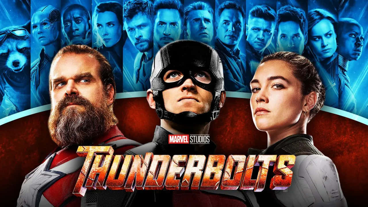 Thunderbolts 桌布 壁紙 — 《雷霆特攻隊》電影海報， featuring 美國隊長、一名鬍鬚男和一名女性以英雄姿勢呈現，背景為藍色和紅色，並有其他角色。